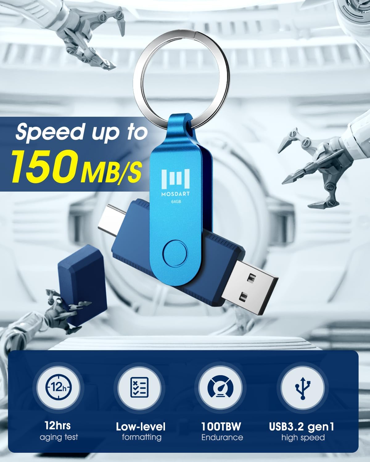 mosDART 64GB 3.2 150MB/S 15,16, 17, Dual USB C Flash Drive, Speed Up to Type C Thumb Drive with Keychain, for iPhone