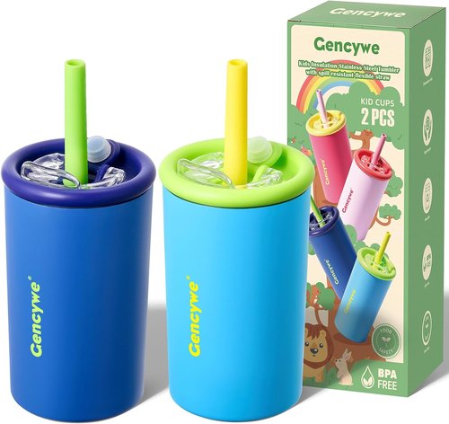 Gencywe Kids Stainless Steel Cups - 12 oz Double-Walled Sippy Tumblers with Straws & Lids | BPA-Free, Spill-Proof