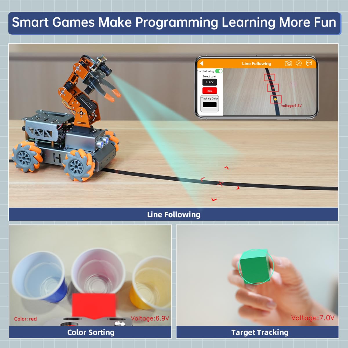 MasterPi 5DOF Robotic Arm for RaspberryPi 5 AI Vision Tracking Target Sorting Line Follow Open Source Programming Smart Robot Car Kit for Teen Adult STEM Educational Building Robot, RPi Not Included