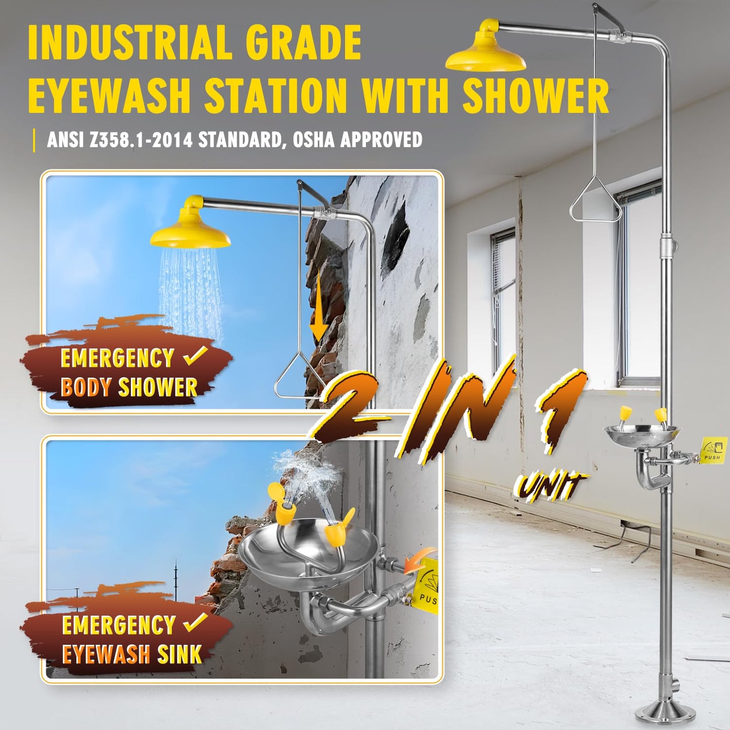 CGOLDENWALL Emergency Shower Eye Wash Station Combination Eye Wash Station with Shower Safty Shower, NPT Thread, with Emergency Sign, 304 Stainless Steel Bowl