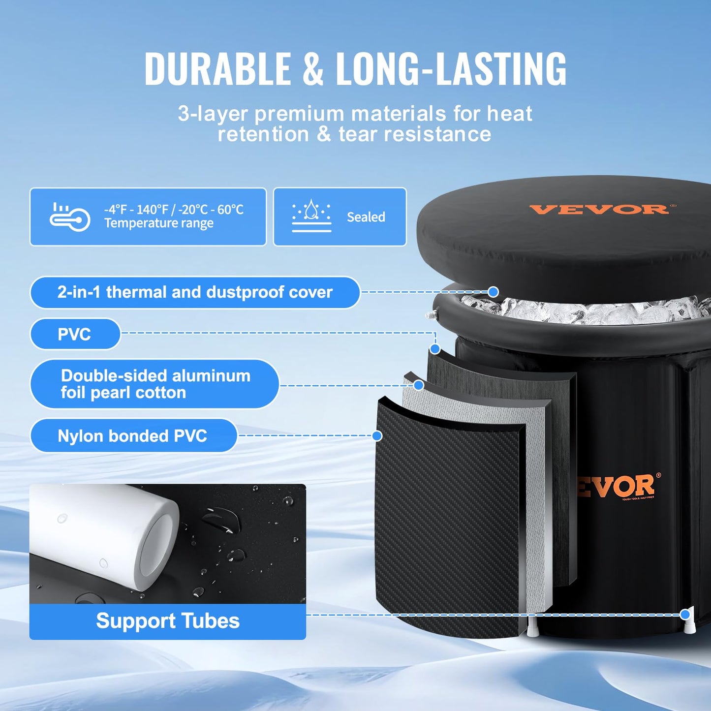 VEVOR Ice Bath Tub, Cold Water Therapy Plunge Tub for Athletes, Portable Outdoor Ice Barrel Plunge Pool for Recovery, 90 Gal Inflatable Folding Bathtub with Cover, Home Ice Pod for Adult, 32"Lx30"H