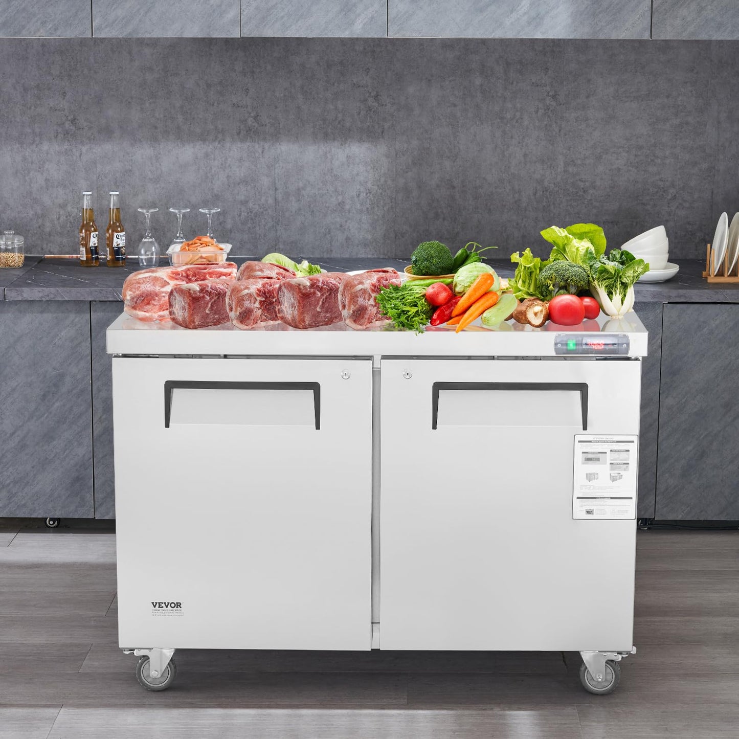 VEVOR 48" W Commercial Freezer Worktop, 12.9 Cu. Ft Undercounter Freezers with/Casters, <0~-8℉>Defrost Frozen Prep Table, 2 Doors Stainless Steel Food Frozen Prep Station for Restaurant, Diner, Bar