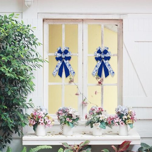 Chinoiserie Blue Bow by Large Spring - Wired Burlap Wreath Accent for Indoor/Outdoor Decor | 11.42x20.87 Inch