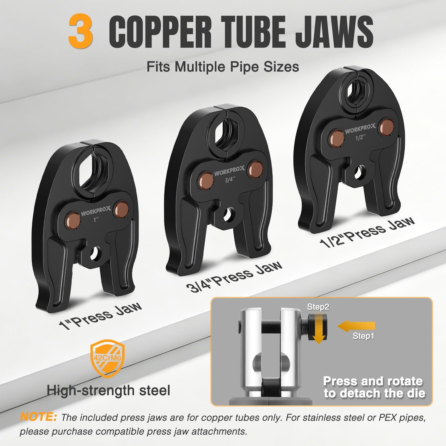 WORKPROX Press Tool, 20V Brushless Electric Pipe Crimping Tool for 1/2", 3/4", 1" Copper Pipes, Cordless Press Tool Kit with 3 Press Jaws, 2-Pack 2.0Ah Batteries with Carrying Case