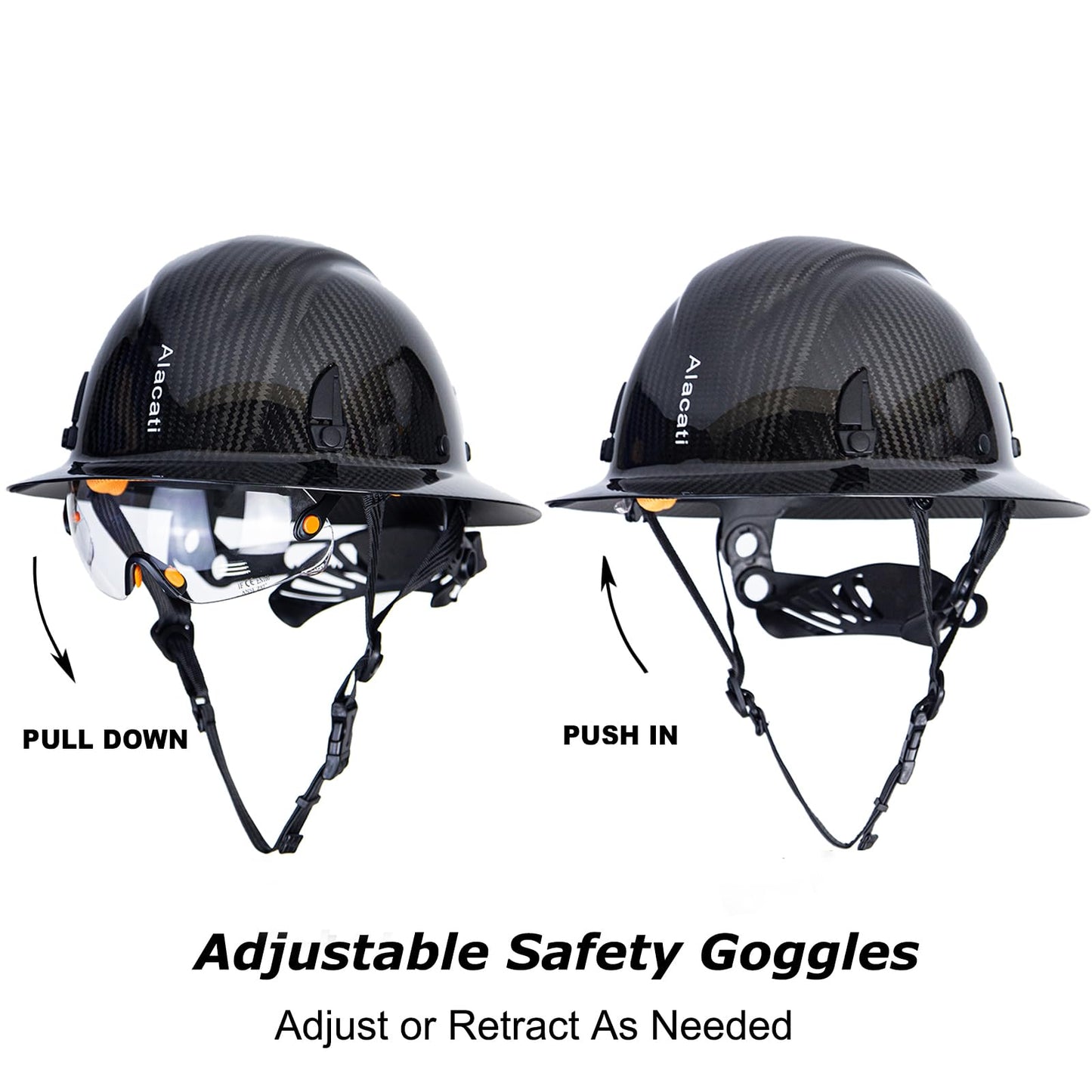 Alacati, Carbon Fiber Hard Hat Full Brim with Goggles- Safety Helmet with 6-Point Adjustable Ratchet Suspension- ANSI Z89.1 Compliant (Black)