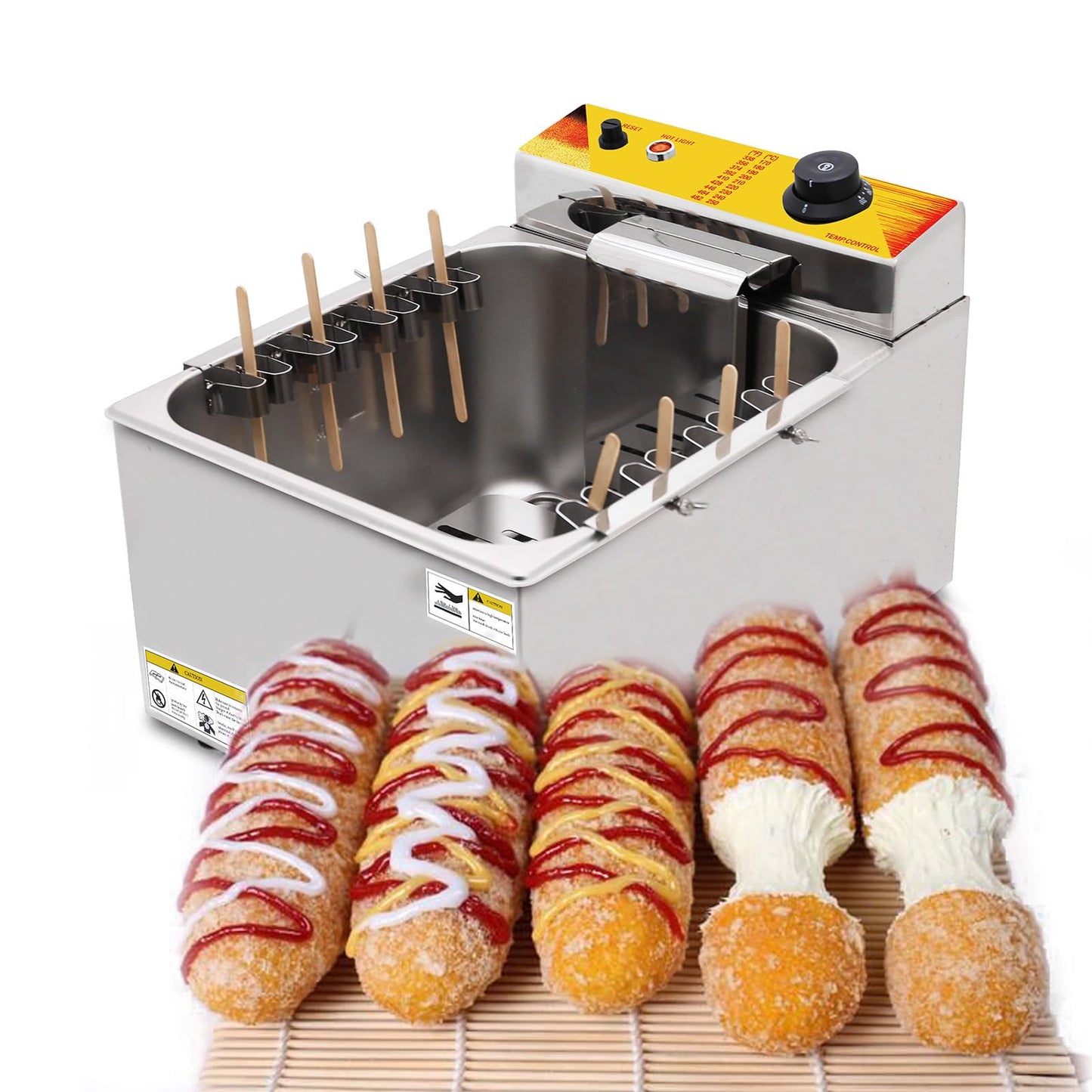 Kolice Commercial 12L Hot Dog Fryer 2500W - Cheese Corn Dog Stick Deep Fryer 8 Hooks Stainless Steel Restaurant Equipment