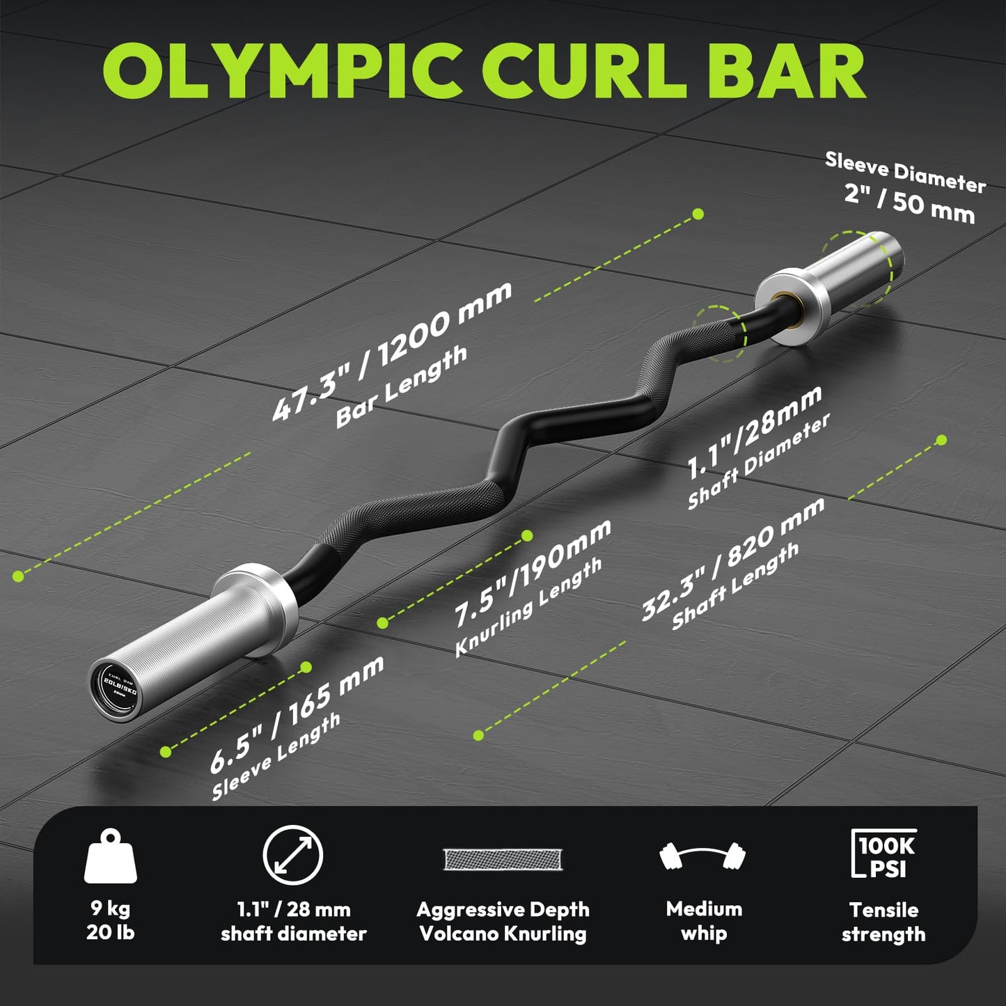HANDBODE Olympic EZ Curl Barbell Bar 47", 2 inch 4 ft Curl Bars for Weightlifting, Squats, Hip Thrusts, Biceps, 500 lb Weight Capacity, Home Gym Weight Bar, Strength Training, Black & Silver