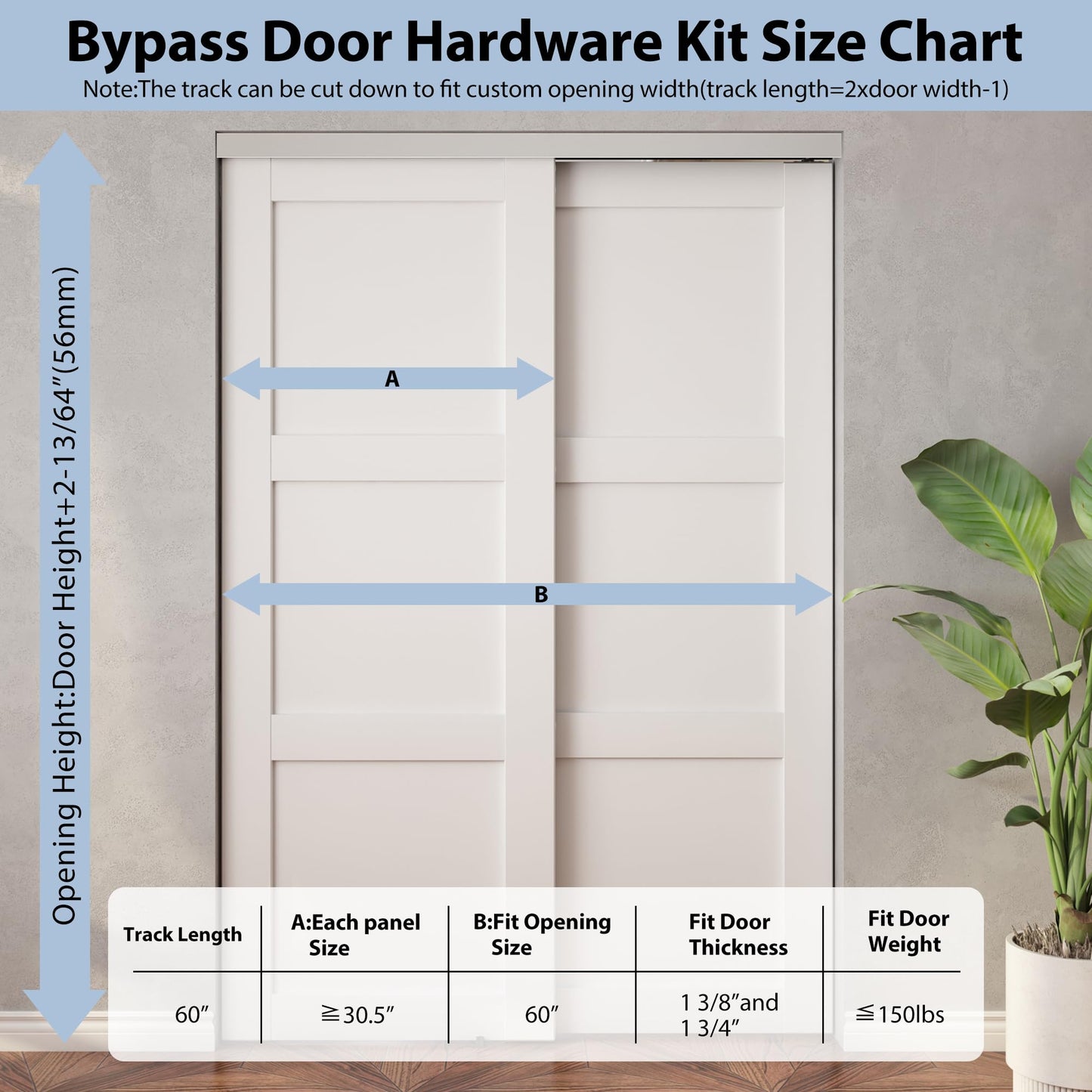 Sdstone Heavy Duty Bypass Door Hardware 60"/5FT,Aluminum Sliding Closet Door Track Hardware for Cabinet Closet, Pocket Door Track Rail Set, Smoothly and Quietly