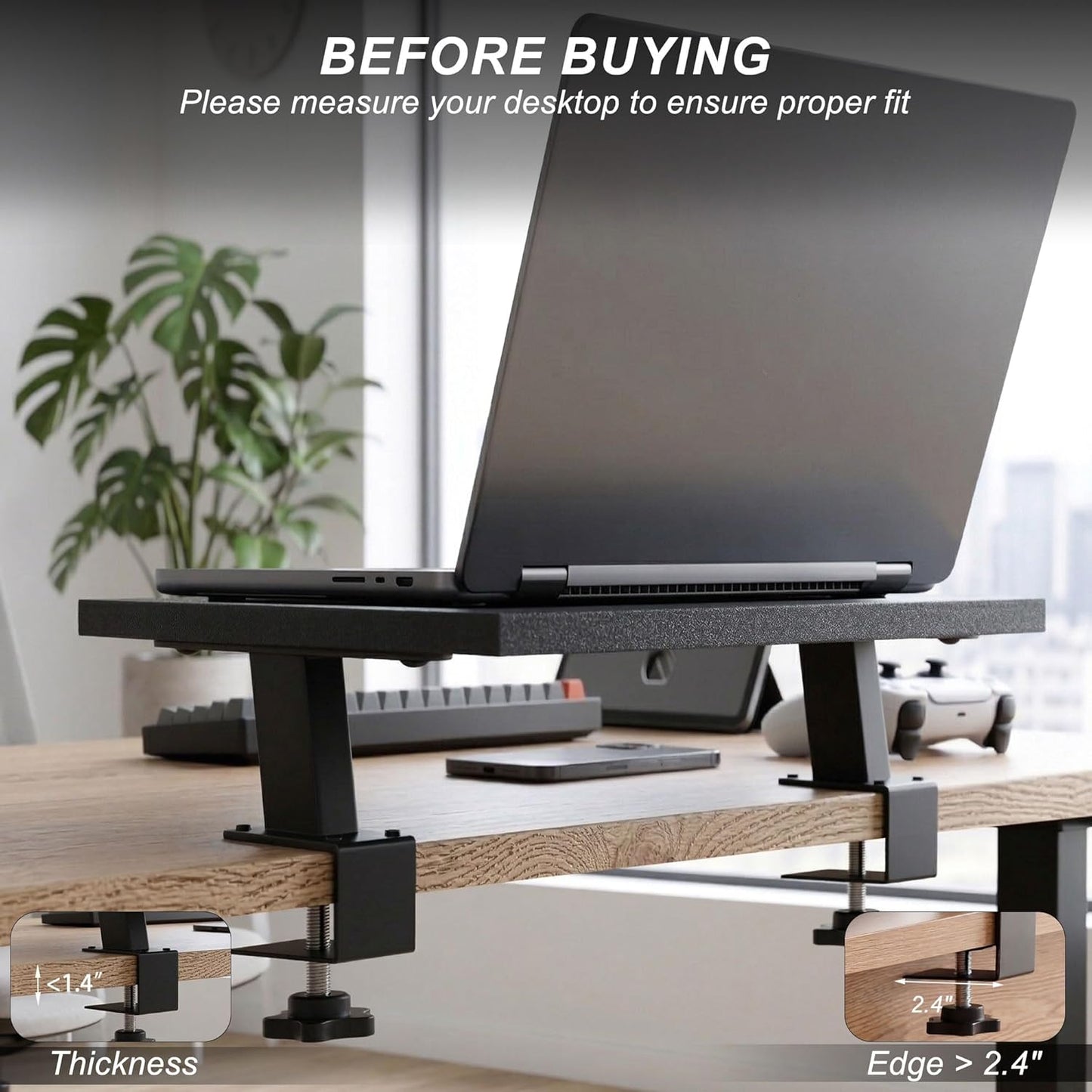 15-Inch 2-in-1 44 lbs, Setup Desktop Clamp-on Shelf & Monitor Riser, Reversible Design Fits Either Side of Desk