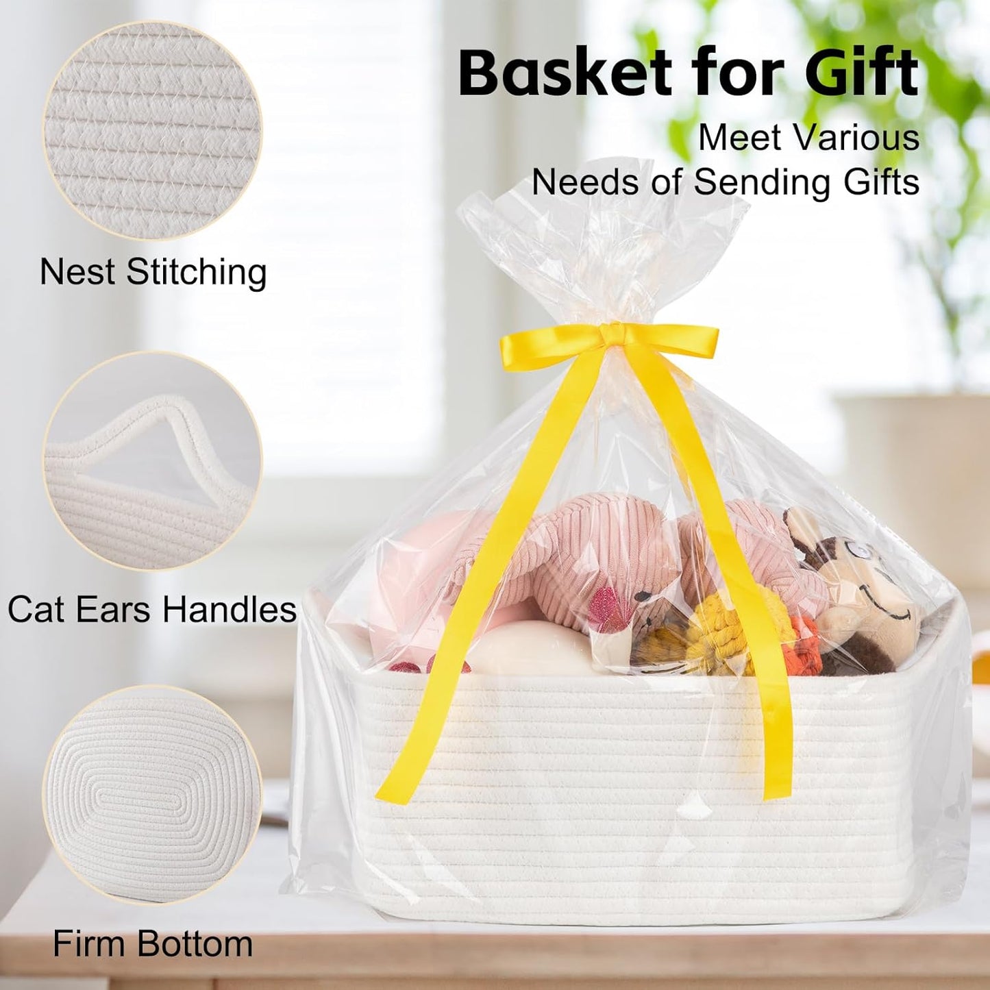 OIAHOMY Woven Storage Basket - Versatile Gift Basket with Handles for Baby Showers | White