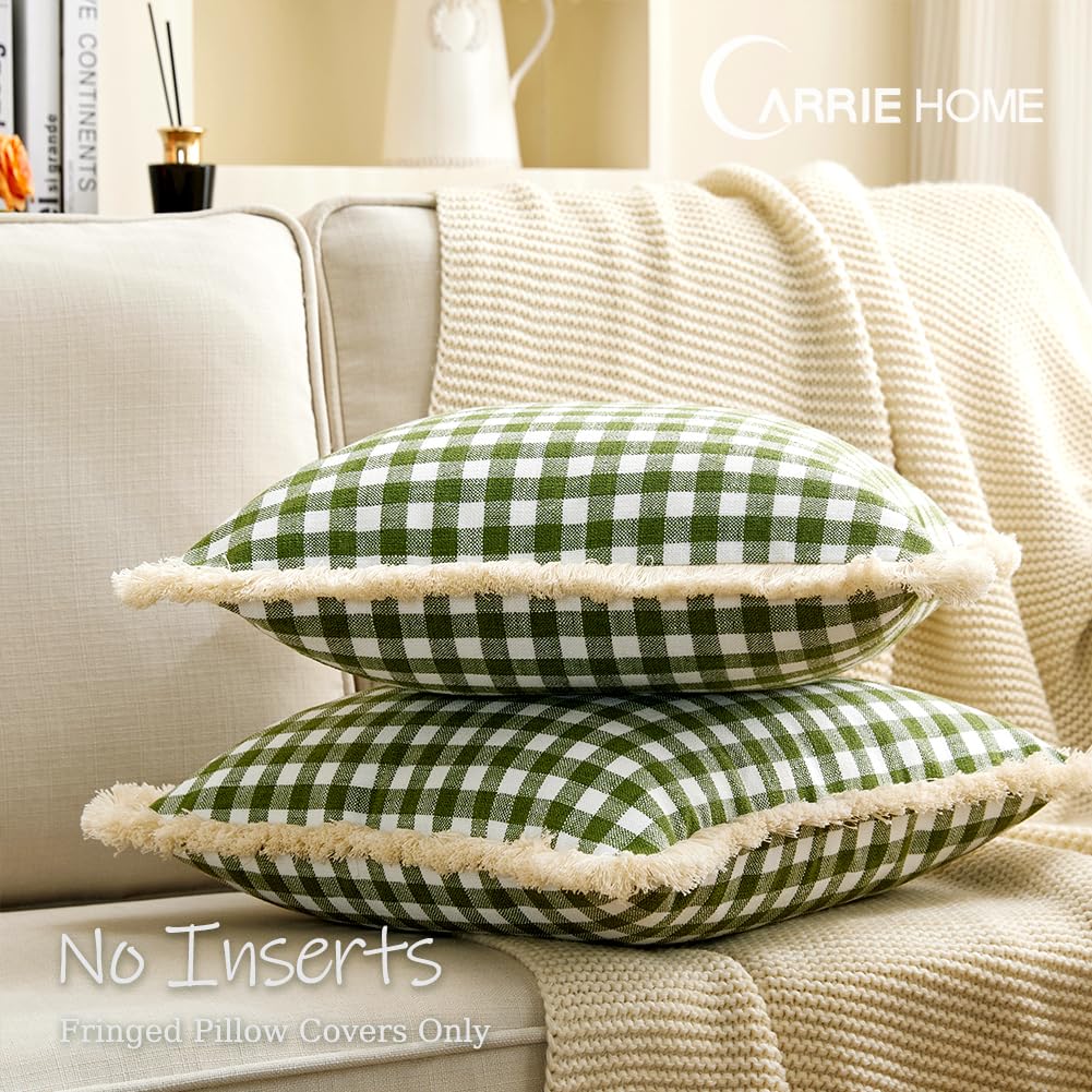 18x18 Spring Sage Green Gingham Farmhouse Pillow Covers with Ruffle Trim