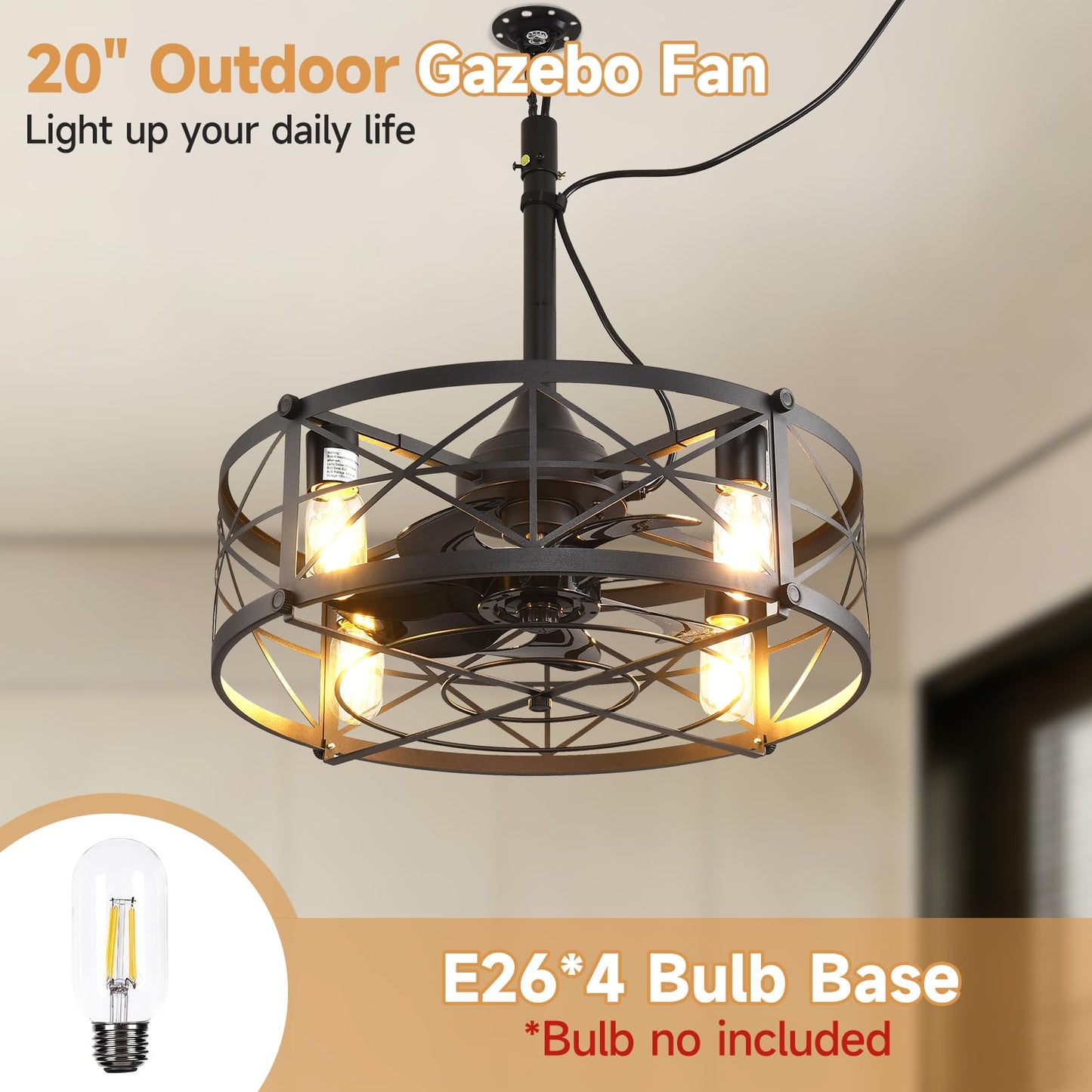 AHAWILL Outdoor Ceiling Fan with Light,20" Gazebo Fan Remote Control,Outdoor Hanging Fan,6 Speeds and Timing,Plug in Caged Ceiling Fan for Patio,Farmhouse,Porch,Pergola.Black