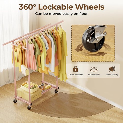 HYSEYY Double Rod Clothing Rack - Sturdy Portable Garment Rack for Bedroom & Laundry | Pink