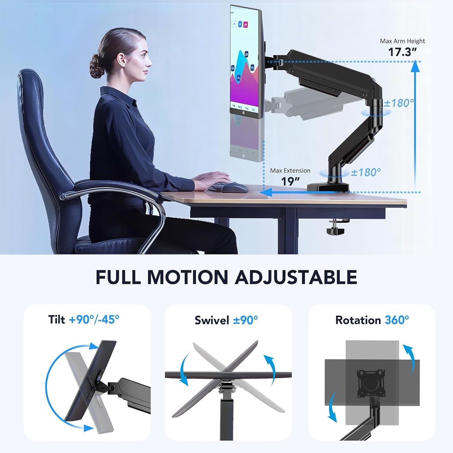 AX WABER 17-32 inch Grommet 4.4 22lbs AX09DB01 Single Monitor Arm, Monitor Mount for Screens Gas Spring Adjustable