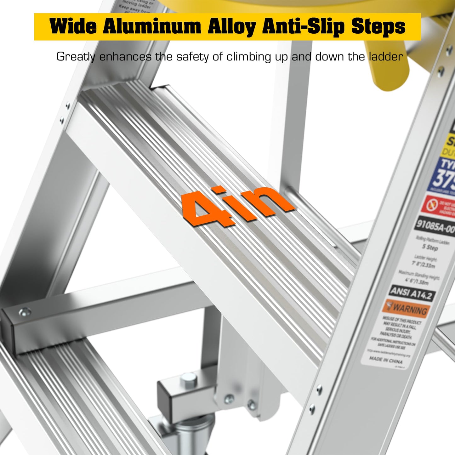 WIILAYOK 5 Step Ladder Aluminum Rolling Platform Ladders with 360° Guardrail System, Industrial Safety Non-Slip Rolling Ladder with Wheels for Warehouse, Garage, 375 lbs Capacity