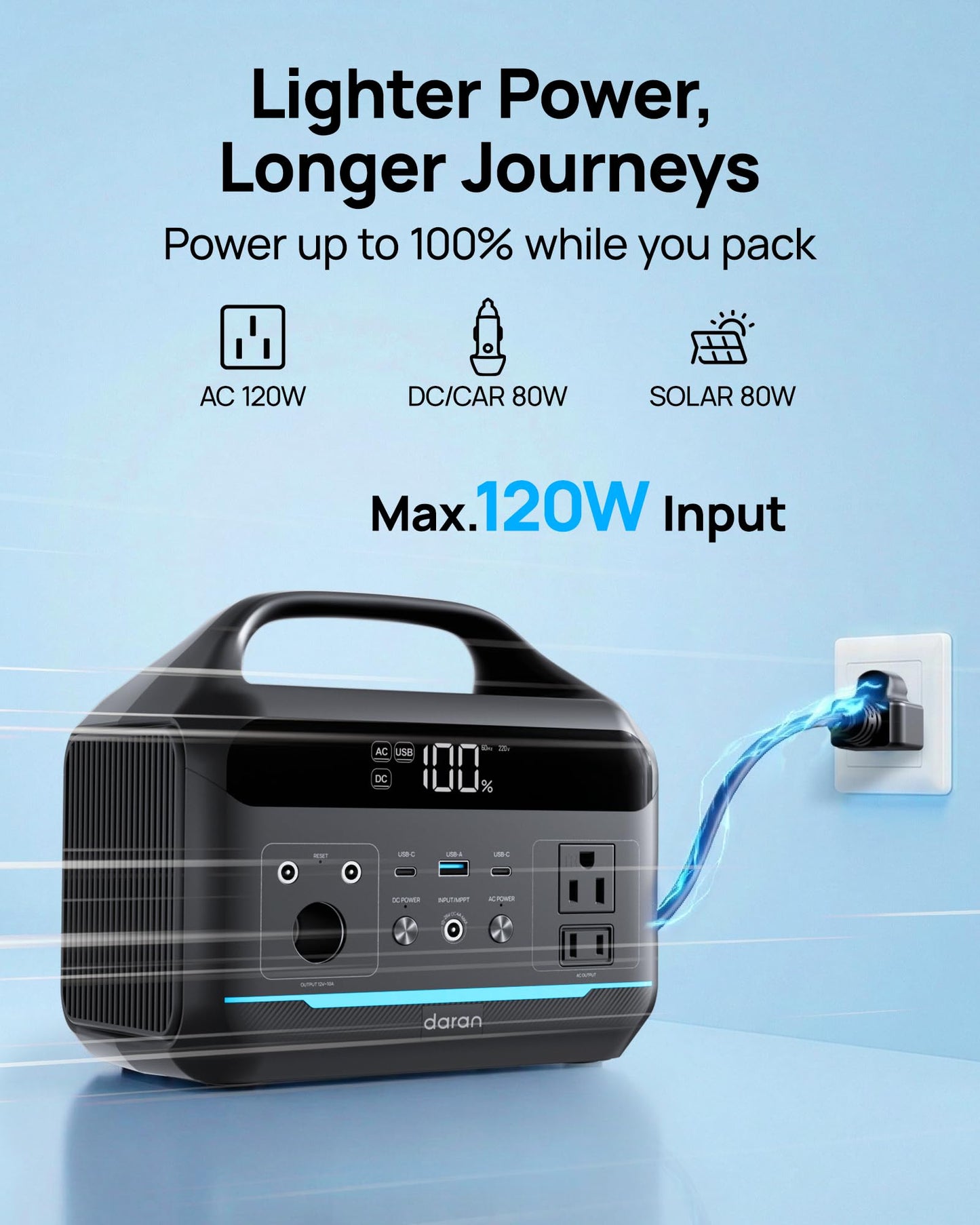 DARAN Portable Power Station 600W(1200W Surge) - 288Wh Solar Generator LiFePO4 Battery with AC DC Outlets, 8.3LB Portable Charging Station for Camping, RV, Home, Emergency (Solar Optional)