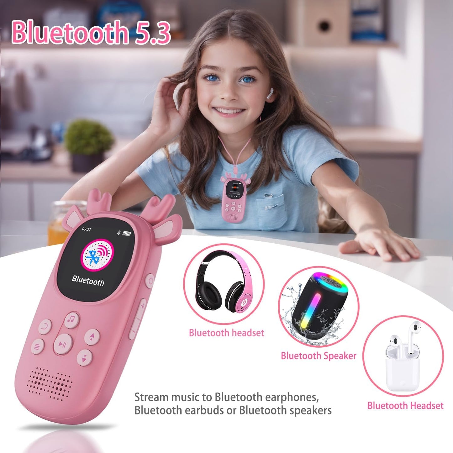 CCHKFEI 32GB MP3 MP3 MP3 MP3 Player for Kids, Cute Reindeer Portable Kids Player with Speakers Children Player
