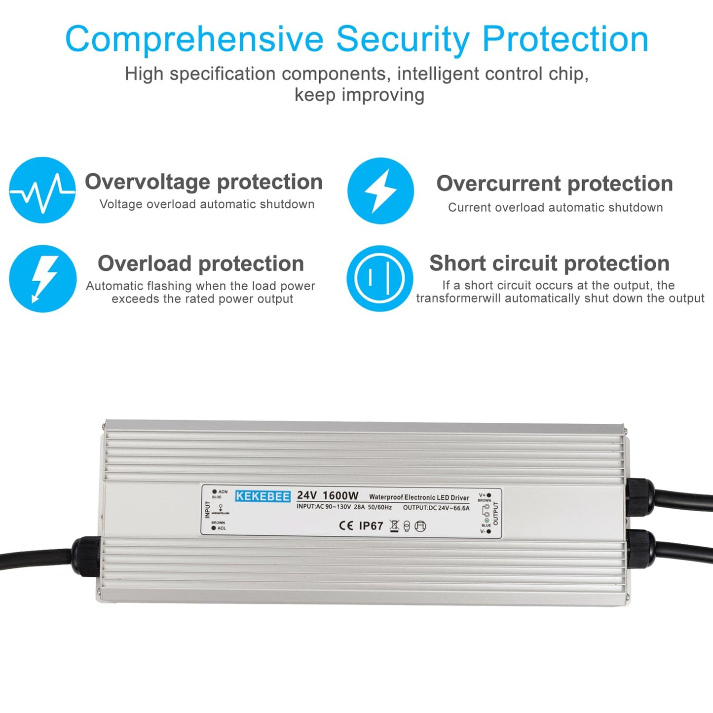 KEKEBEE LED Driver 24V1600W Waterproof Power Supply AC 90-130V to DC 24V66.6A Waterproof Switching Power Supply IP67 Transformer Suitable for Indoor and Outdoor LED Lighting and Any 24V DC Equipment