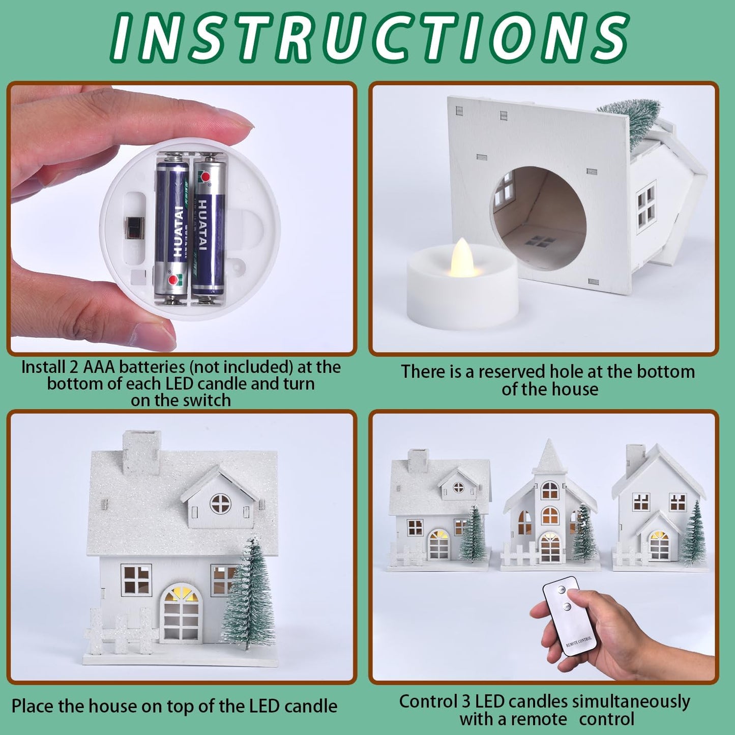 Skiennix Christmas Village Set - 3 White Xmas Houses with Remote-Control LED Candles | Indoor Table Decor