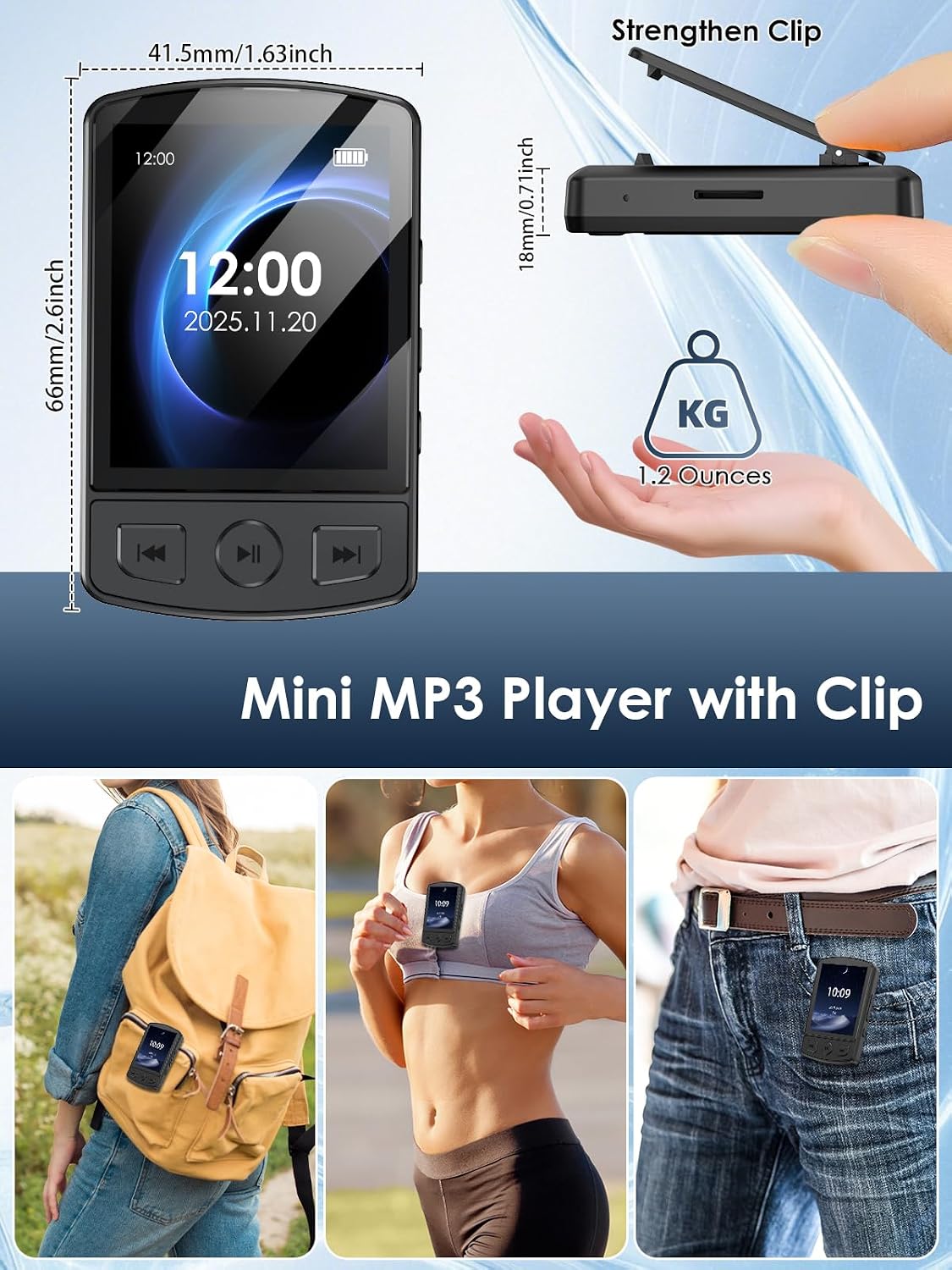 KOVCDVI MP3 64GB MP3 5.2,Portable MP3 Player with Clip Mini Player with Bluetooth Music Player
