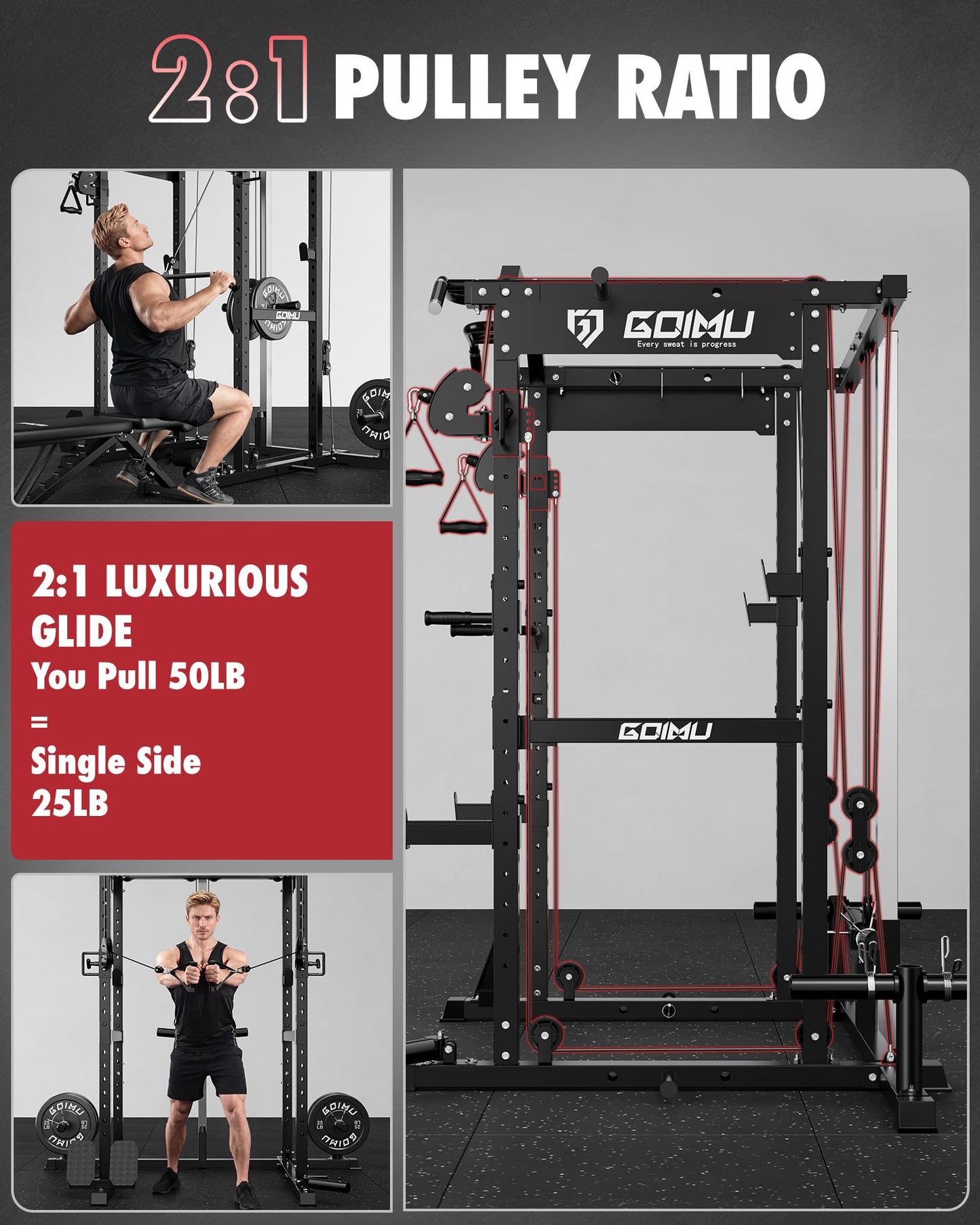 GOIMU RH01 Power Cage Rack, 2000LBS Squat Rack with with Cable Crossover System&LAT Pull Down System, Multi-Function Workout Cage for Home&Garage Gym (Black, RH01 Power Cage)