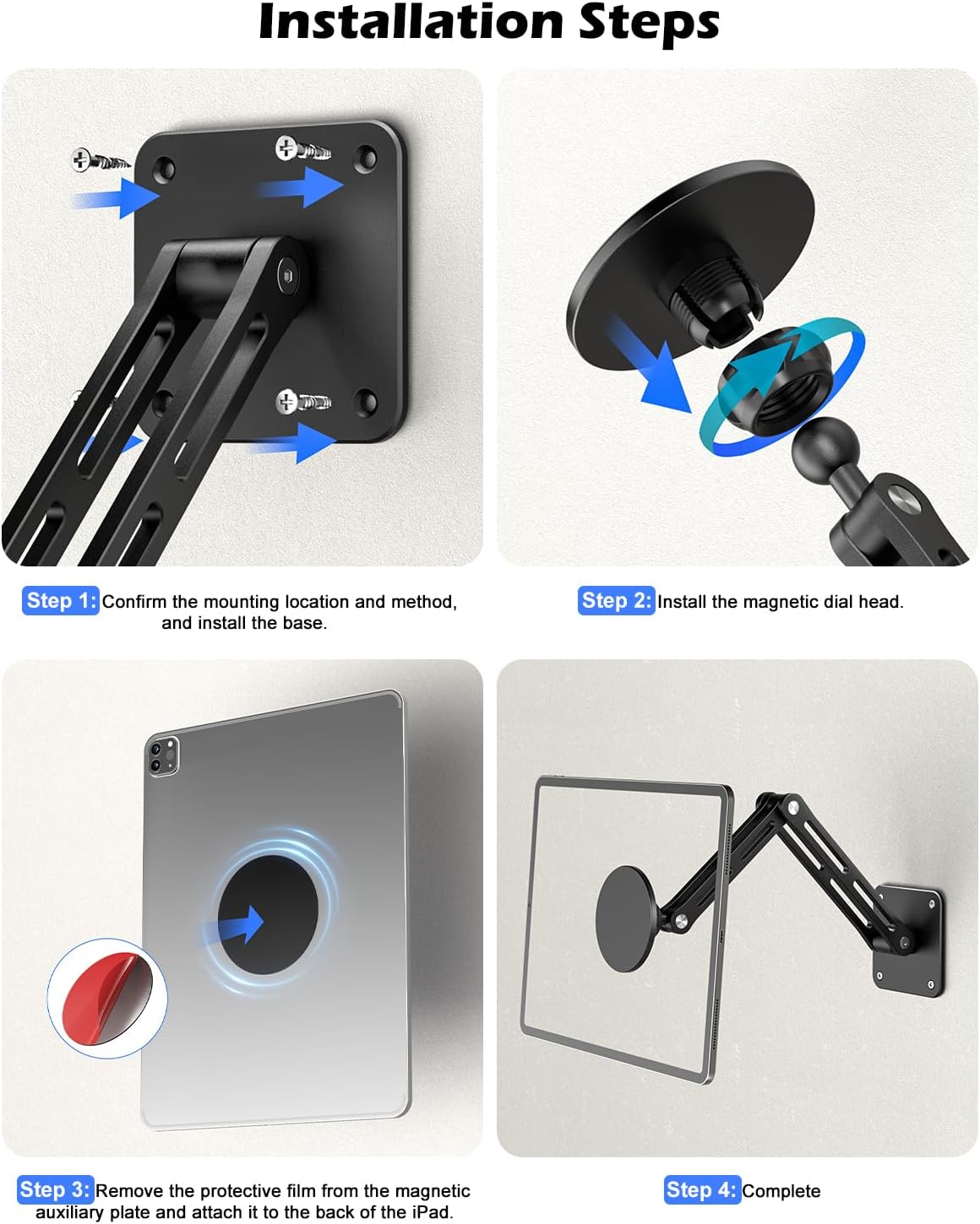 CloudValley 360Rotating 4.7-13" Foldable iPad Wall Mount Holder Compatible with MagSafe, with Base Adjustable Tablet