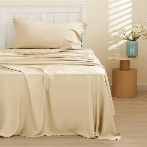 Bedsure Cooling Twin Sheets - Breathable Rayon from Bamboo, Soft & Silky Bedding Set, Deep Pocket Up to 16 Inches, Alabaster Gleam