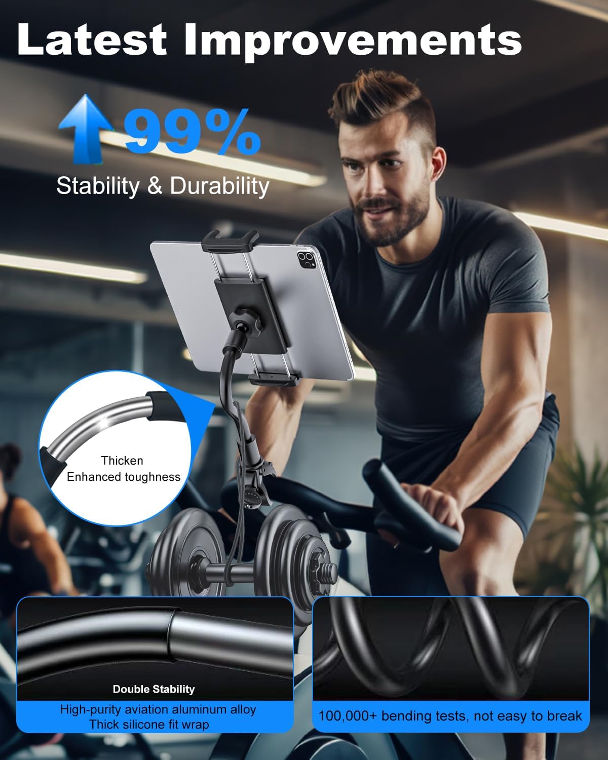 Kolasels 4-13" Spin Bike Tablet iPad Holder - Long Arm Gooseneck Tablet Mount Clamp for Indoor Bike Peloton, Treadmill