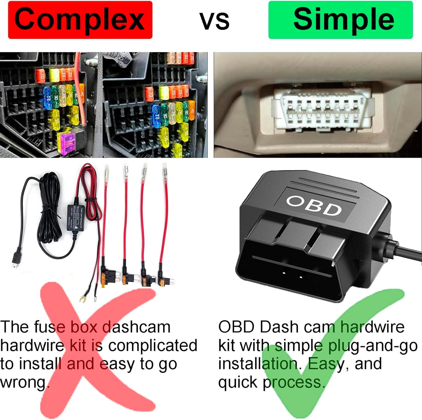 Redsia 12-24V 5V/3A 24h Dash Cam Hardwire Kit OBD, Dash Camera USB Type C Hardwire Kit OBD Power Charging Cable