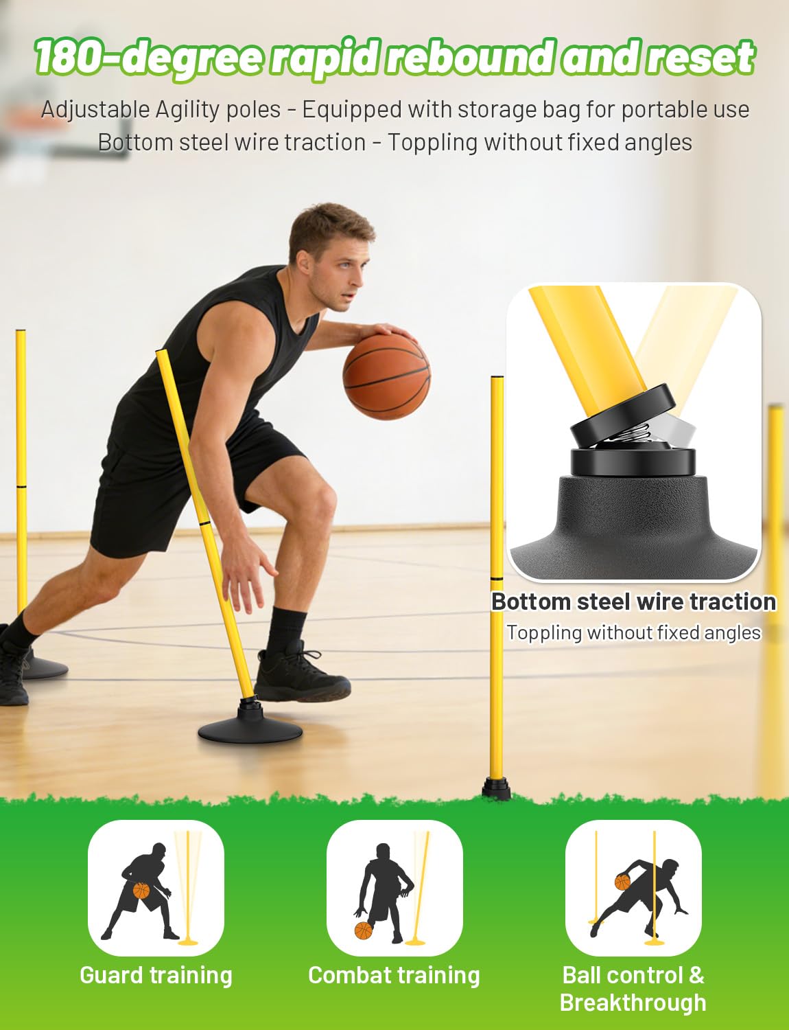 GHB Agility Poles 4 Pack 50" Rebound Sports Basketball Training Poles,Detachable Speed Training Equipment Football Accessories with Rubber Base