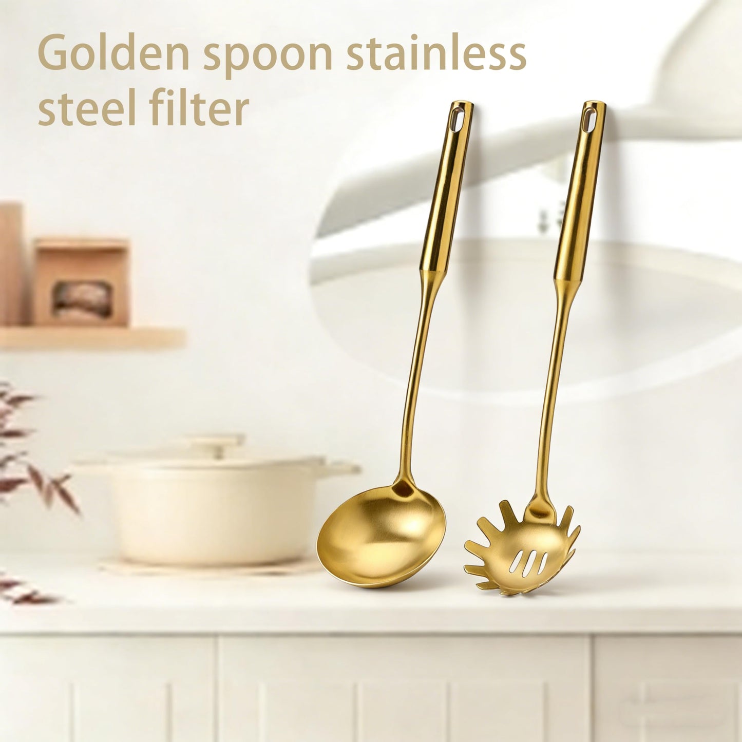 Gold Ladle Stainless Steel Strainer & Serving Spoons Set Premium Pasta Strainer for Cooking, Stirring, Serving Pasta, Soup & Sauce - Heavy-duty Kitchen Utensils for Daily Use & Gifting