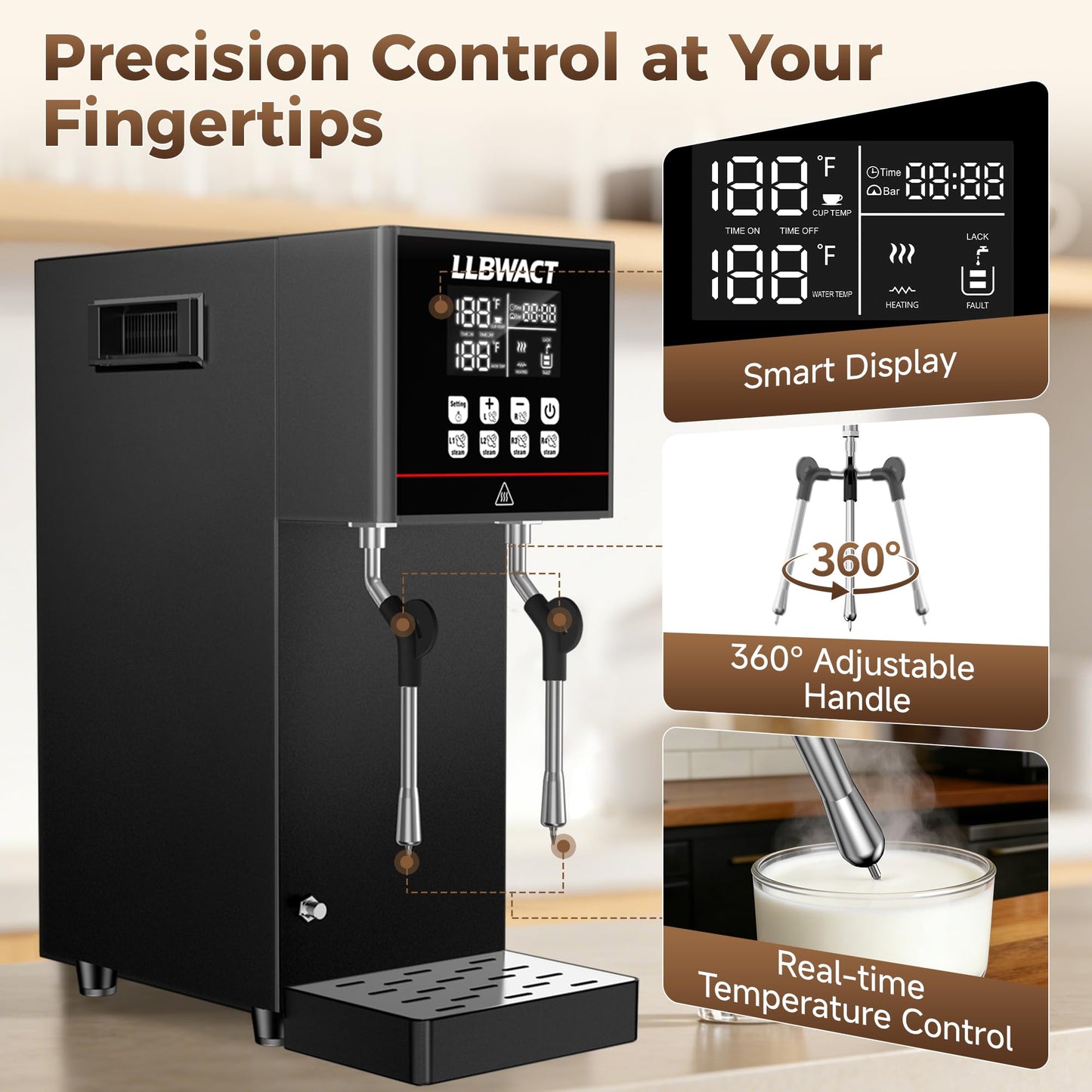 LLBWACT Dual-Head Commercial Steam Milk Frother, 2 Independent Wands, 15s Fast Frothing, 2000W 8L Continuous Steam, Independent Temp Control with LED Display for High-Volume Coffee Shop Restaurant