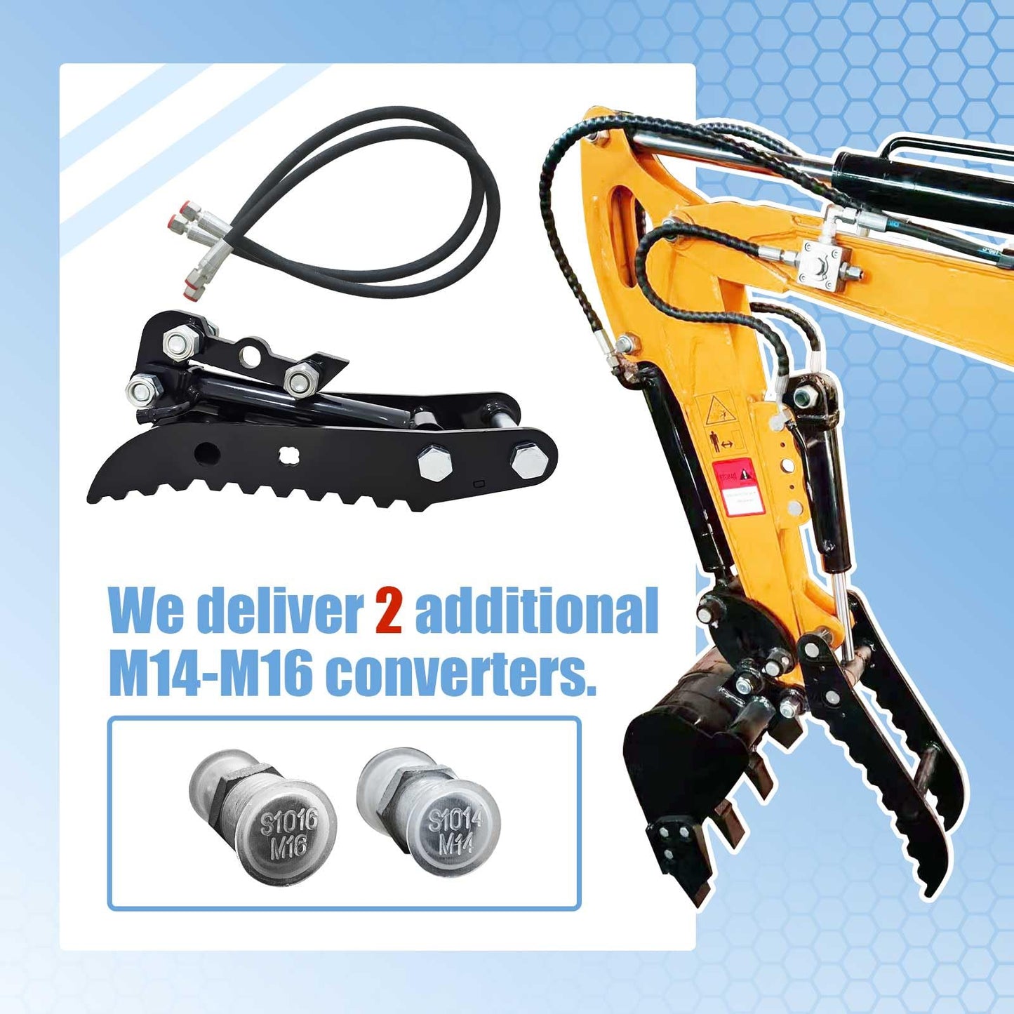 Hydraulic Thumb Clip Attachment 3-Holes for Mini Excavator Small Digger Crawler Small Digger Attachments fit Most of up to 2 tons, with2* M14 Hoses and Converters, Black