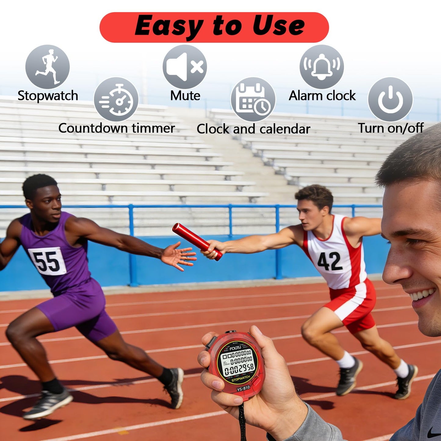 FCXJTU Sports Stopwatch Timer, 10 Lap/Split Memory Digital Stopwatch Countdown Timer with 12/24 Hour Clock Alarm On/Off, Calendar 3-Row Extra Large Screen Lanyard for P.E Coach and Referees (Red)