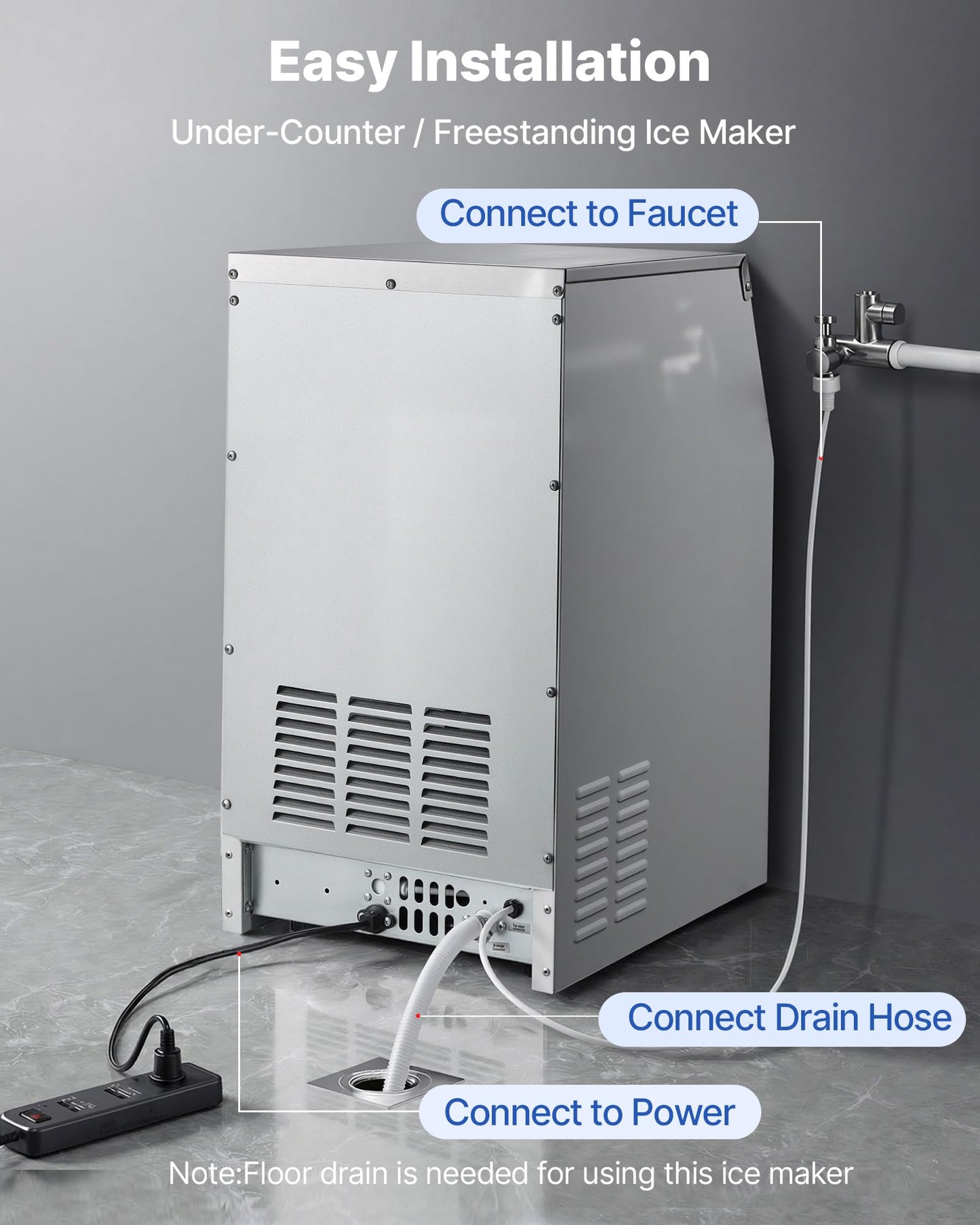 VEVOR Commercial Ice Maker Machine, 130 lbs/24h with 16-30 lbs Storage Capacity, Built-in/Freestanding/Under Counter, Stainless Steel Ice Maker with LED Display & Self-Cleaning, Home Bar Restaurant