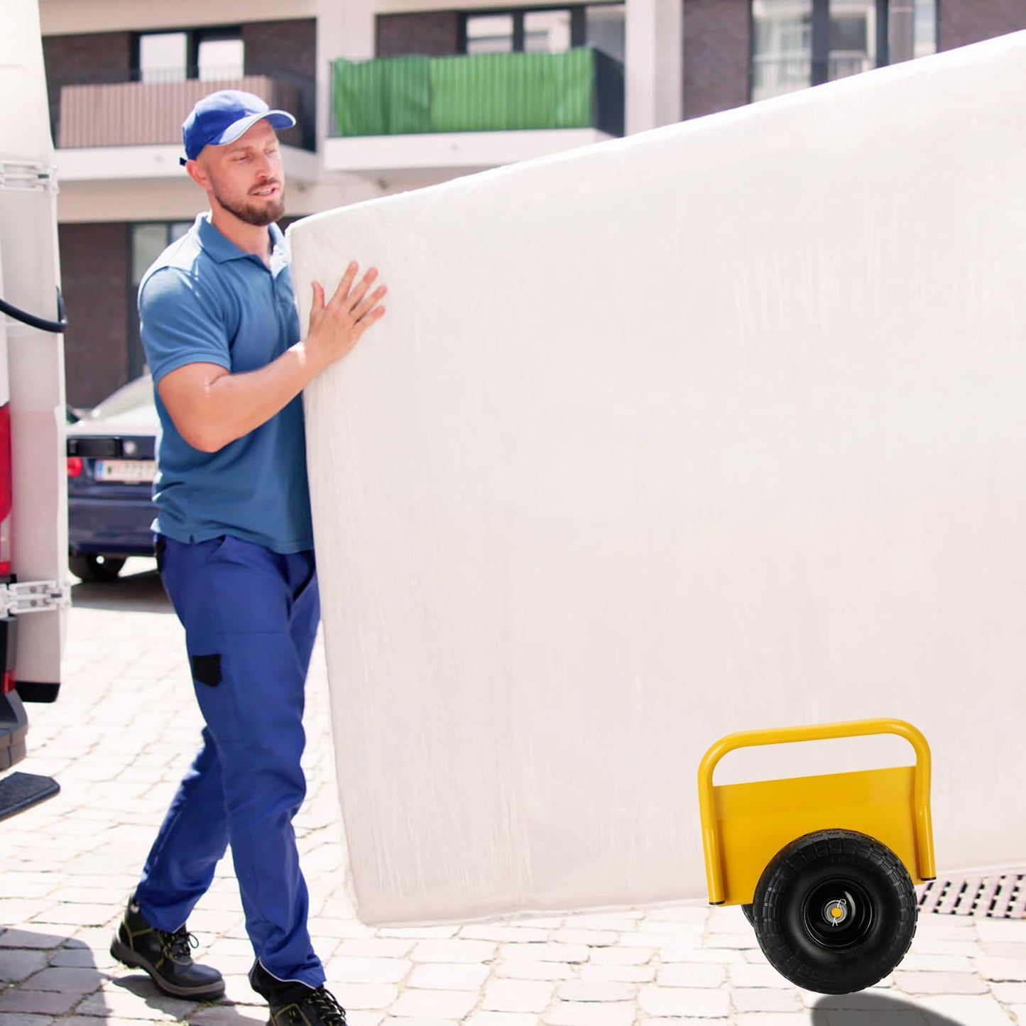 Heavy Duty Panel Dolly Slab Dolly Two Comfortable Handles 10 Inch Solid Rubber Tires Supports Up to 1000 Pounds All Terrain Movement Ideal for Heavy Drywall Sheets and Door Material Transport (Yellow)