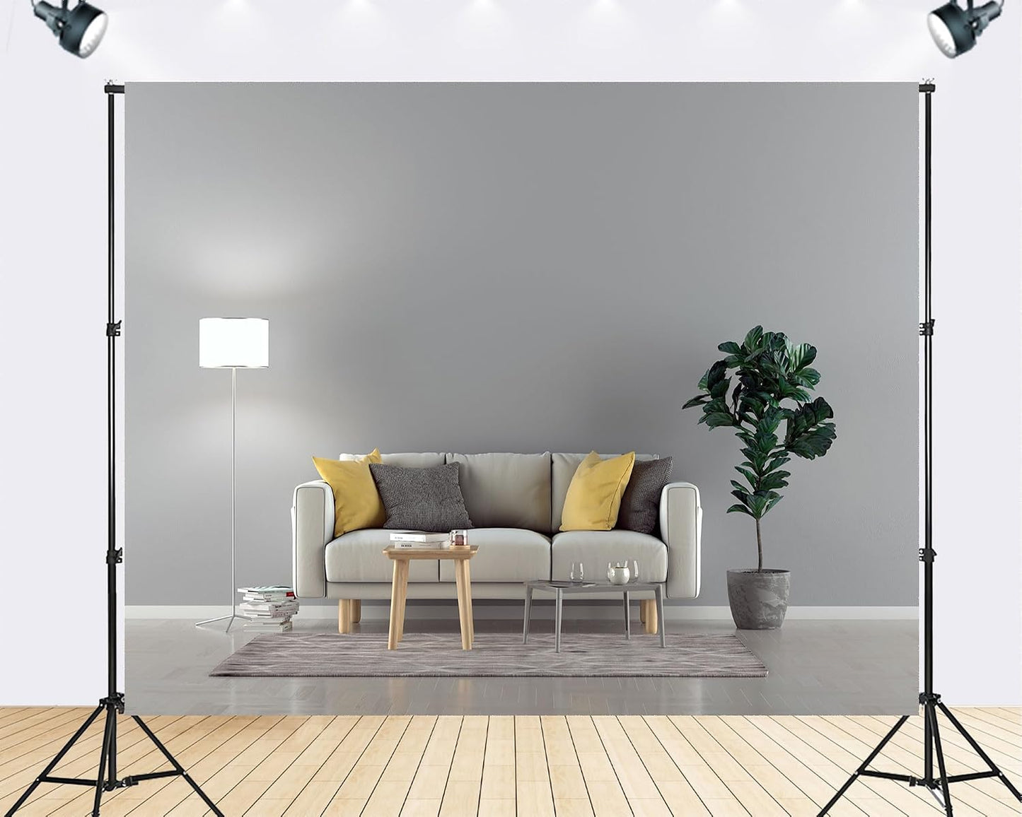 TryKid 8x6ft Modern Living Room Backdrop Beige Sofa Yellow Pillows Fiddle Leaf Fig Minimalist Interior Photography