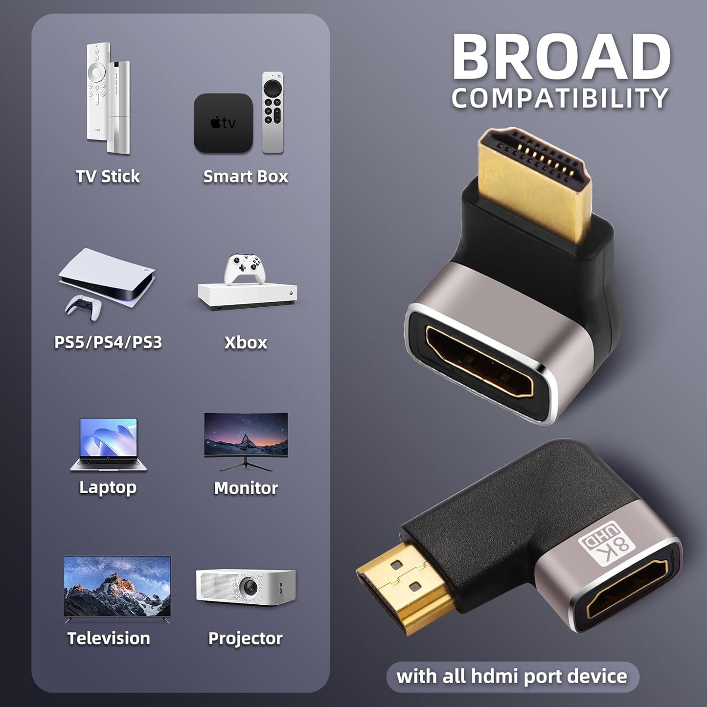 AIMHDUTY 8K 4-Pack 90 270 8K@60Hz,4K@120Hz,HDR,eARC HDMI Eblow HDMI Right Angle Adapter and Degree Gold Plated, Support