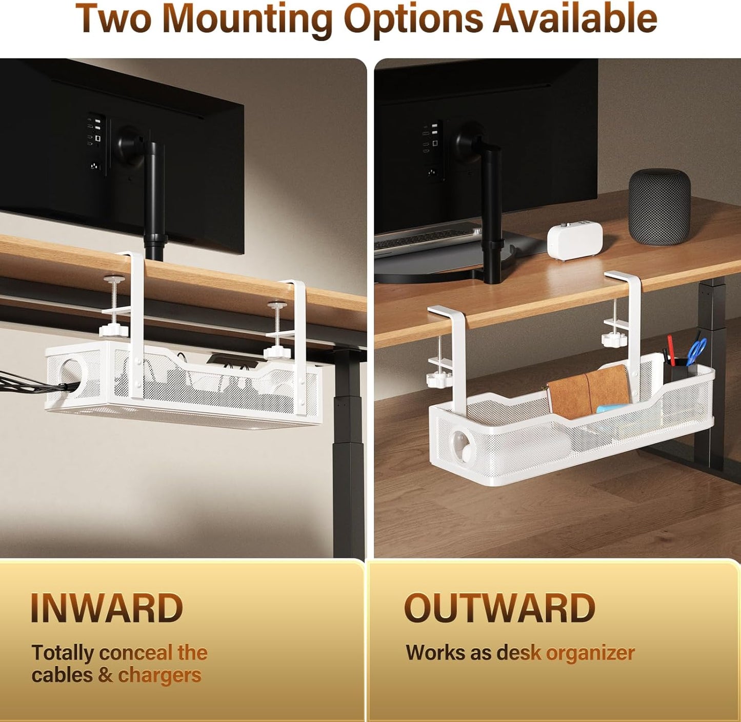 Cinati 16" 3", Under Desk Cable Management Large, Cable Management Box for Table Thickness up to Wire Cord Organizer