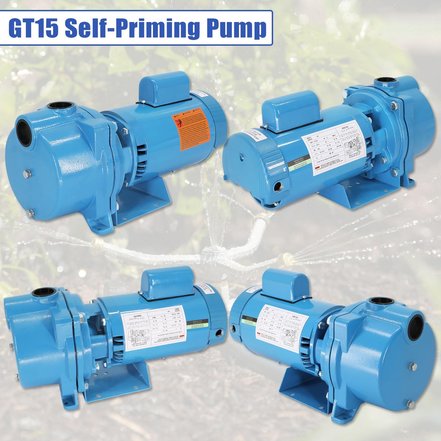 GT15 Self-Priming Centrifugal Pump, 1.5HP, Single Phase Cast Iron Water Pump for Agricultural & Landscape Irrigation