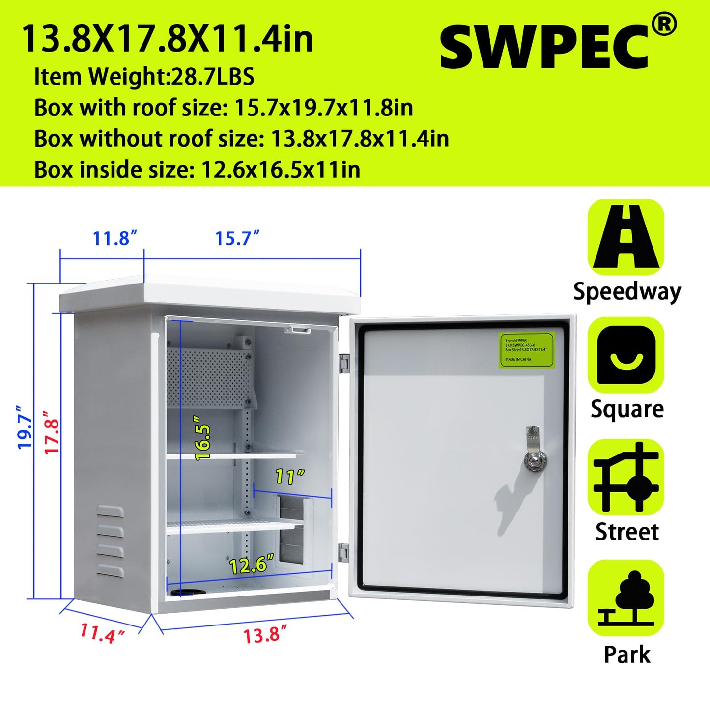 SWPEC Nema Enclosure with Rain Hood Weatherproof Junction Electric Breaker Box with Fan-Vent Design Electrical Cabinet with Mounting Track Hole in Back 16X20X12