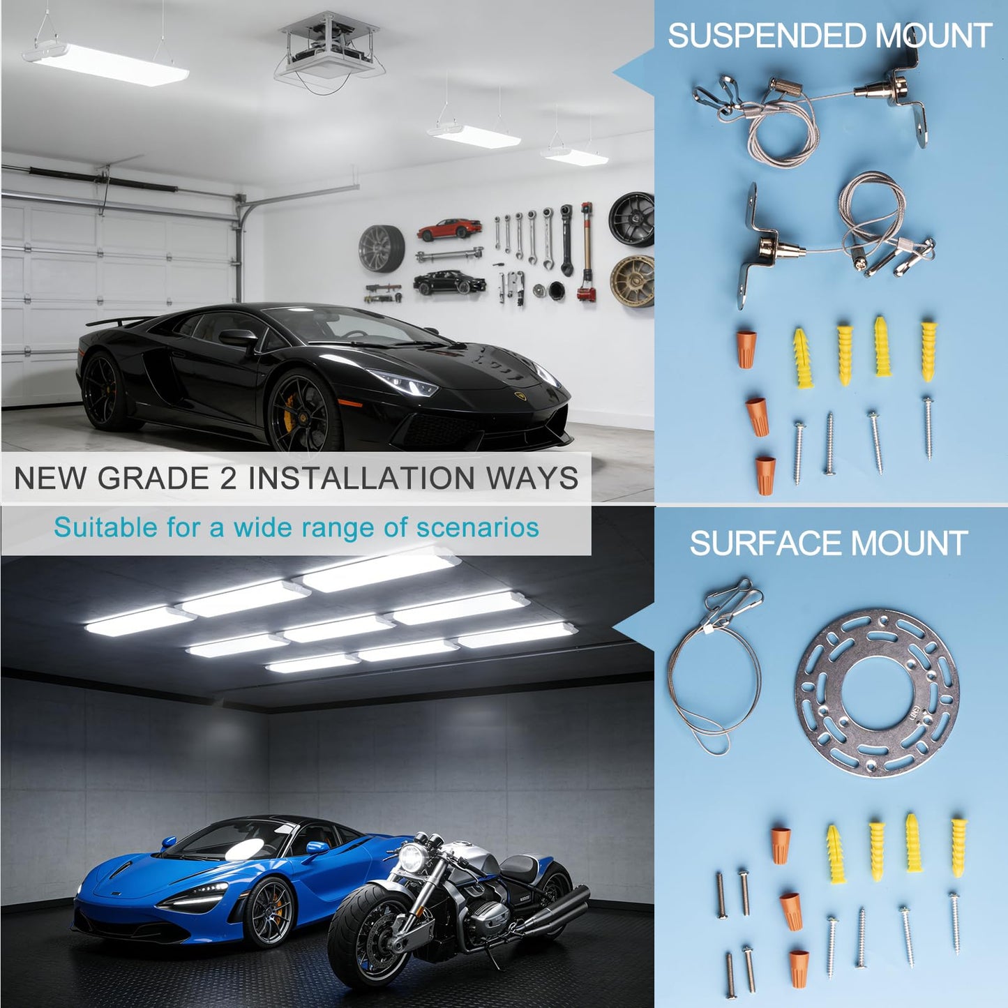 Lightdot 4FT LED High Bay Shop Lights with Flush/Suspended Mount, 265W [Eqv.1000W] 5000K 100-277V Commercial Lighting for Garage Workshop - 25-40FT Ceiling, Covers 3000 Sq.ft, UL Complied, 2Pack
