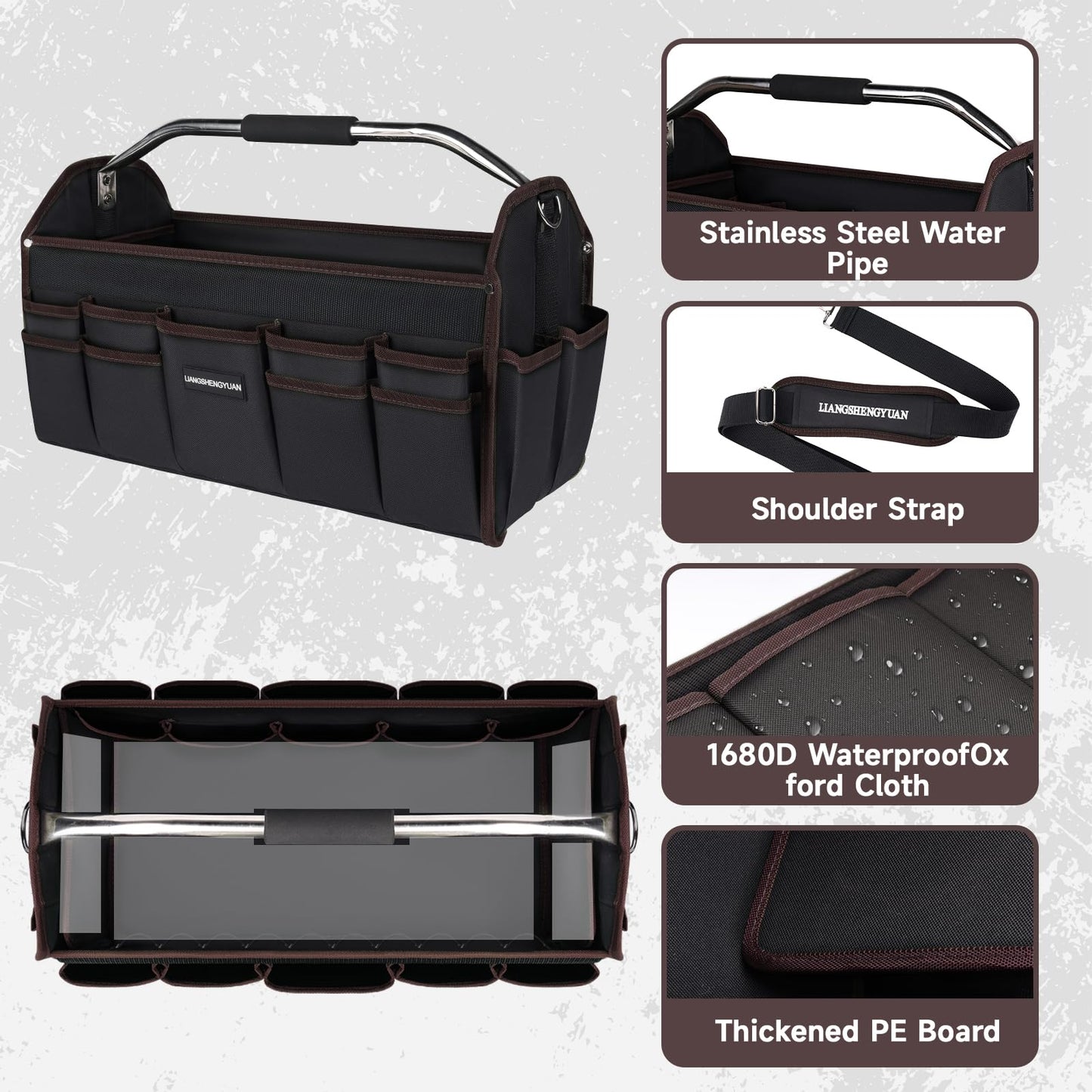 20 In Tool Carrier, Open Top Tool Tote 30 Pockets, Waterproof Tool Bag For Men, Foldable Wide Mouth Electricians Tool Bag, With Stainless Steel Handle and Removable Shoulder Strap
