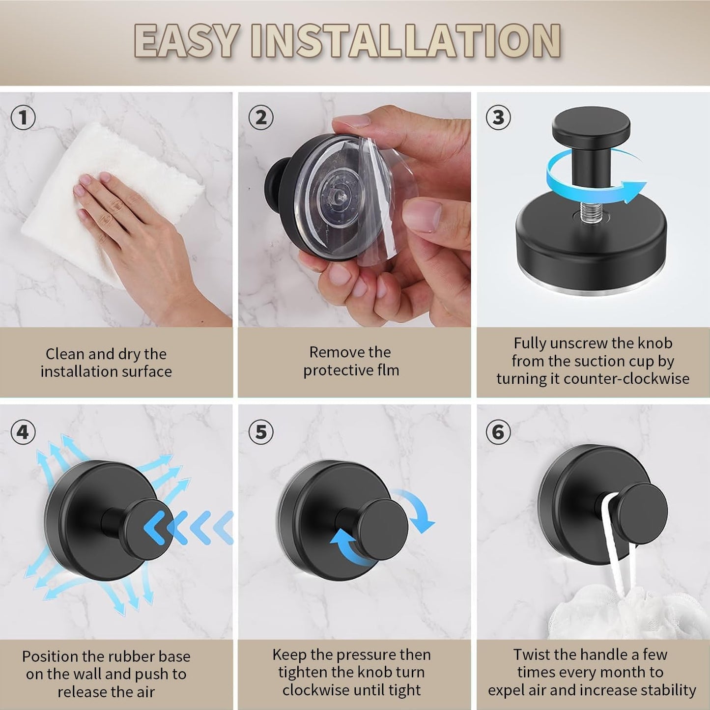 Skiennix Drill-Free Suction Cup Hooks - Stainless Steel Bathroom & Shower Organizer | 4 Pack, Black