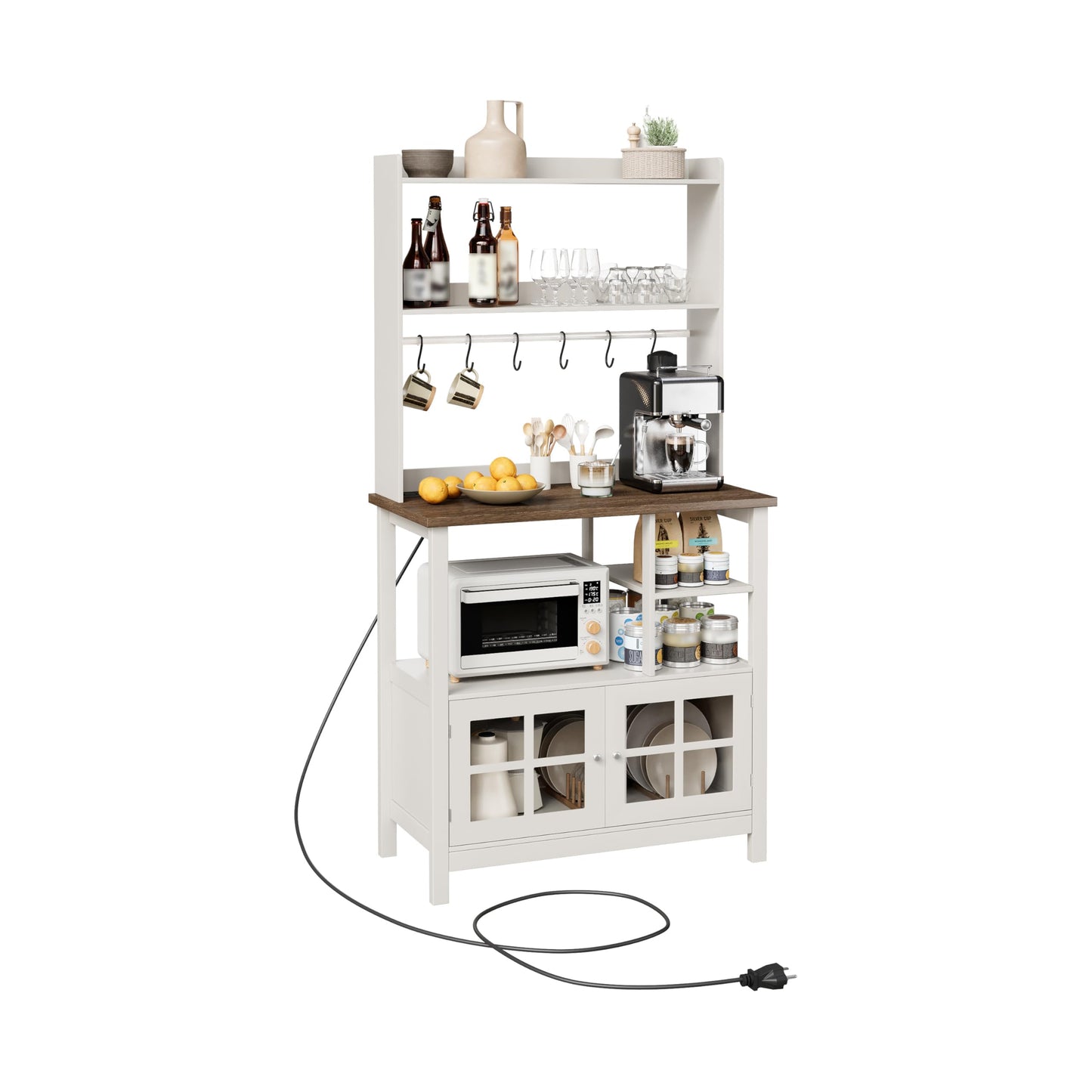 ChooChoo Farmhouse Bakers Rack with Power Outlets and Storage, Coffee Bar Cabinet with Storage, Microwave Stand Kitchen Cabinet with Hutch and 6 Hooks, Soft White & Brown