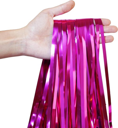 GREATRIL Shiny Fuchsia Tinsel Foil Fringe Curtain - Hot Pink Party Streamers Backdrop - 3.2ft X 8.2ft | 2 Packs