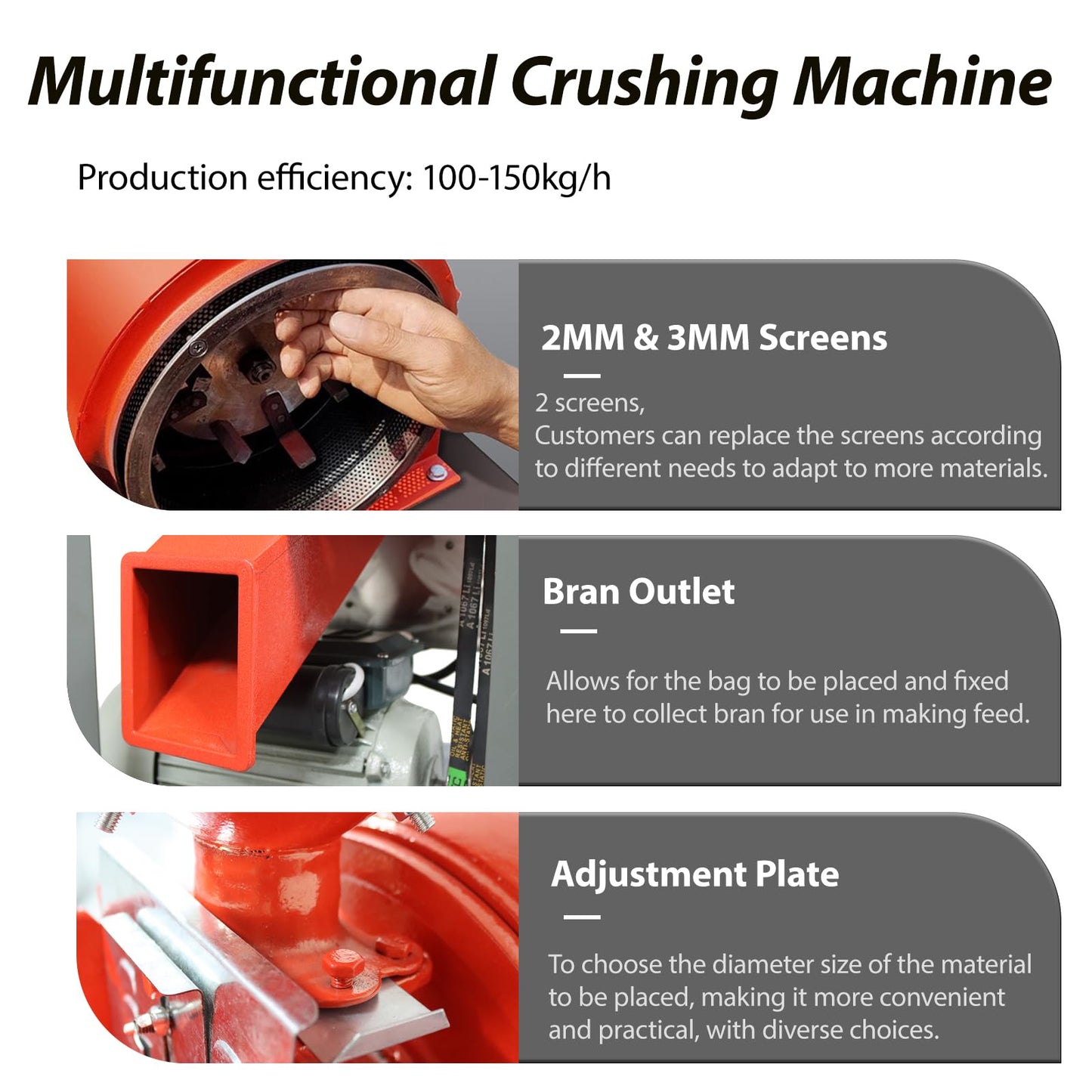 Banfluxion 220V Multifunctional Grinding Machine Cereals Pulverizer Electric Grain Crusher for Rice, Corn, Millet, with 2 Sieves & Adjustable Hopper, Ideal for Household, Farm Use, 100-150kg/h, 2.2KW