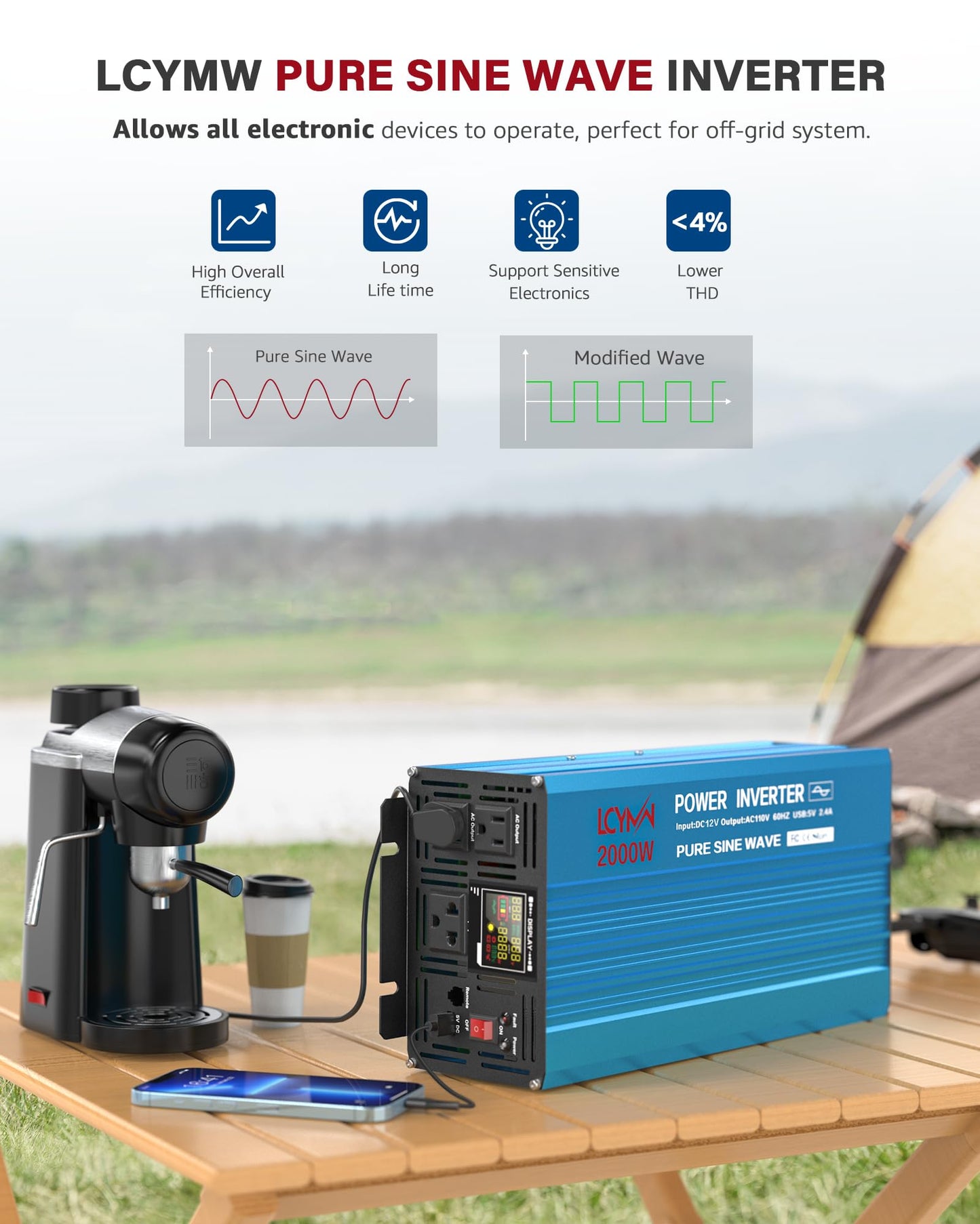 LCYMW 2000W Pure Sine Wave Inverter DC 24V to 110V/120V AC 4000 Watt Peak Power Inverters with 3 AC Outlets USB Charging Port LCD Display and Remote Control Car Solar Converter for Vehicle Home Truck