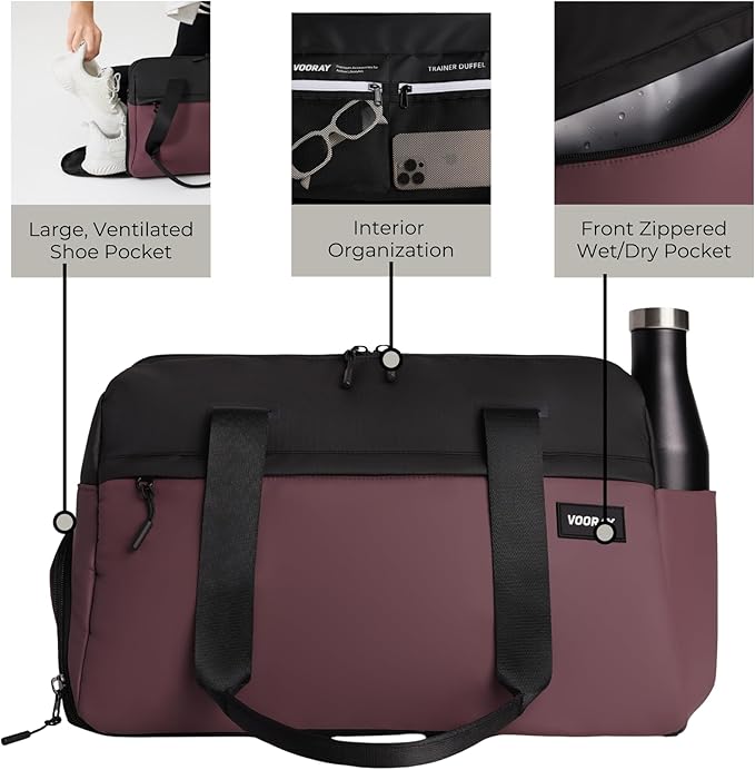 Vooray 25L Trainer Duffel Bag Rose ??Lightweight Travel Duffel for Women and Men with Shoe Pocket, Workout Bag, Weekender for Overnight, Football, Traveling, or Hospital Use
