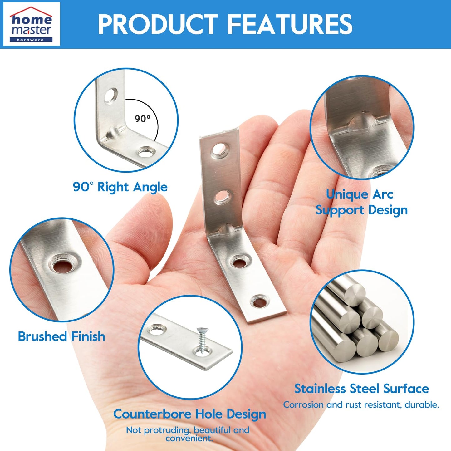 HOME MASTER HARDWARE 2 inch L Bracket Corner Brace Sets, Stainless Steel Corner Bracket, Joint Right Angle Brackets with Screws for Shelves Wood Furniture Frame(20 Pack)